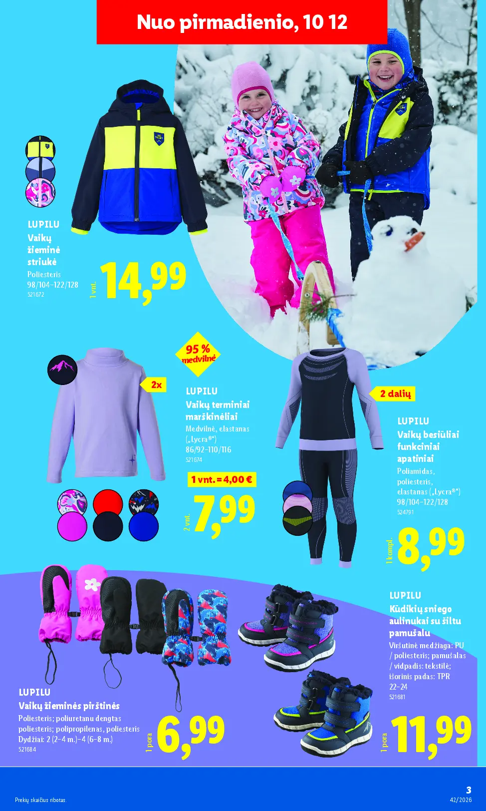 Naujas Lidl nuolaidų leidinys - NE MAISTO PREKIŲ PASIŪLYMAI Nr.42 – 3 puslapis: LUPILU Vaikų žieminė striukė, LUPILU Vaikų terminiai marškinėliai, LUPILU Vaikų besiūliai funkciniai apatiniai