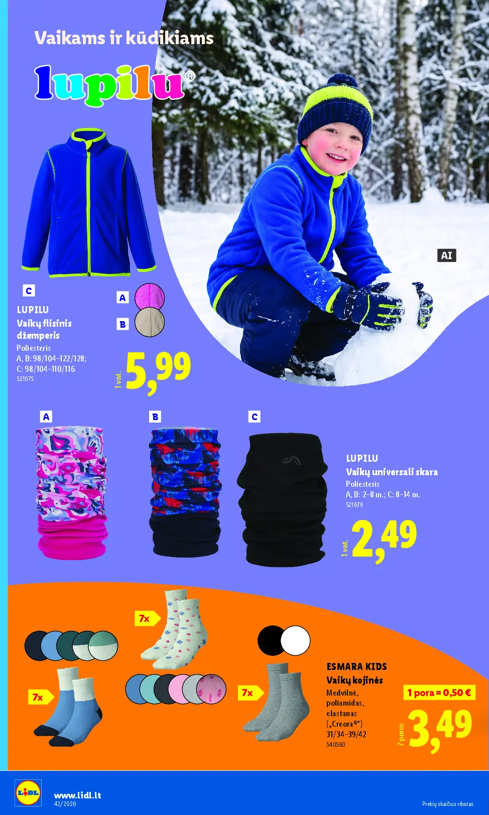 Naujas Lidl nuolaidų leidinys - NE MAISTO PREKIŲ PASIŪLYMAI Nr.42 – 4 puslapis: LUPILU Vaikų flisinis džemperis, LUPILU Vaikų universali skara, 8 m, ESMARA KIDS Vaikų kojinės