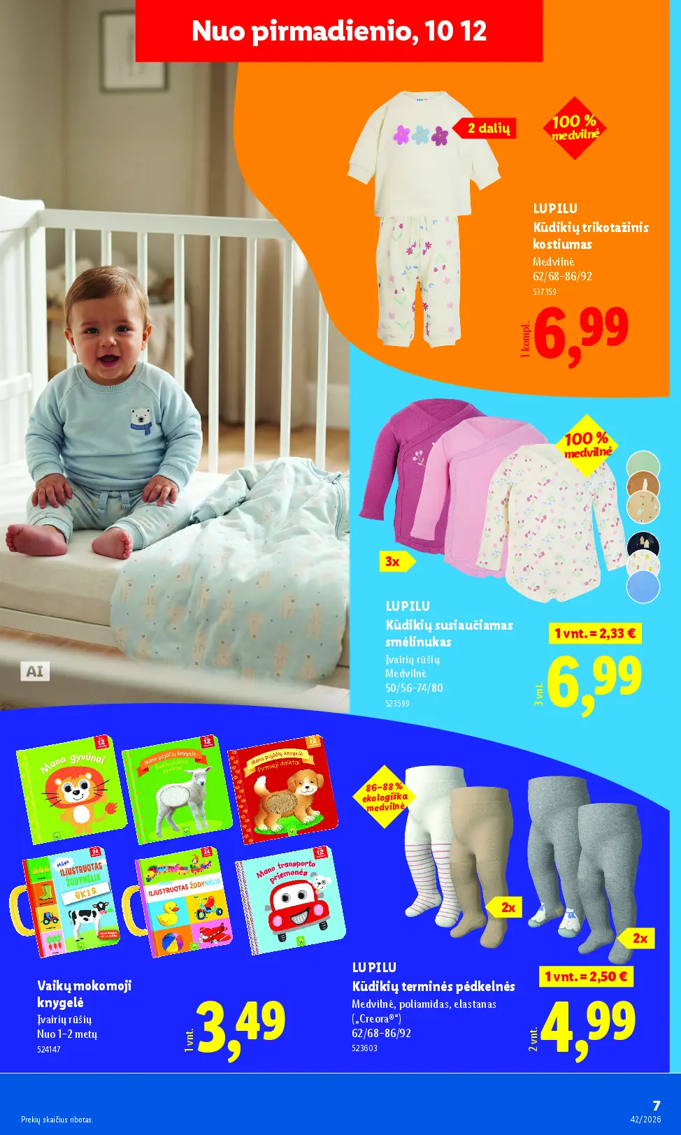 Naujas Lidl nuolaidų leidinys - NE MAISTO PREKIŲ PASIŪLYMAI Nr.42 – 7 puslapis: LUPILU Kūdikių trikotažinis kostiumas, LUPILU Kūdikių susiaučiamas smėlinukas, Vaikų mokomoji knygelė