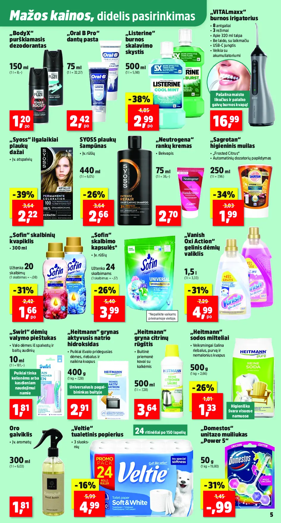 Thomas Philipps savaitės leidinys – 5 puslapis: „Veltie“ tualetinis popierius, „Domestos“ unitazo muiliukas „Power 5“, 50 g, „Listerine“ burnos skalavimo skystis, 500 ml