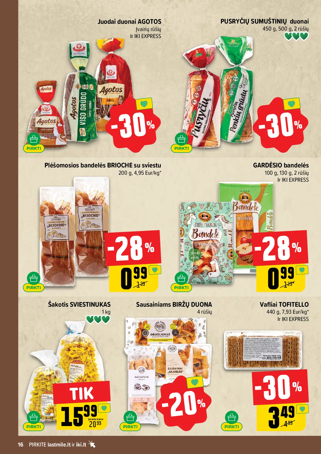 IKI Kainų leidinys Nr. 42 – 16 puslapis: Juodai duonai AGOTOS, PUSRYČIŲ SUMUŠTINIŲ duonai, 450 g, Bandelėms GARDĖSIS, 100 g