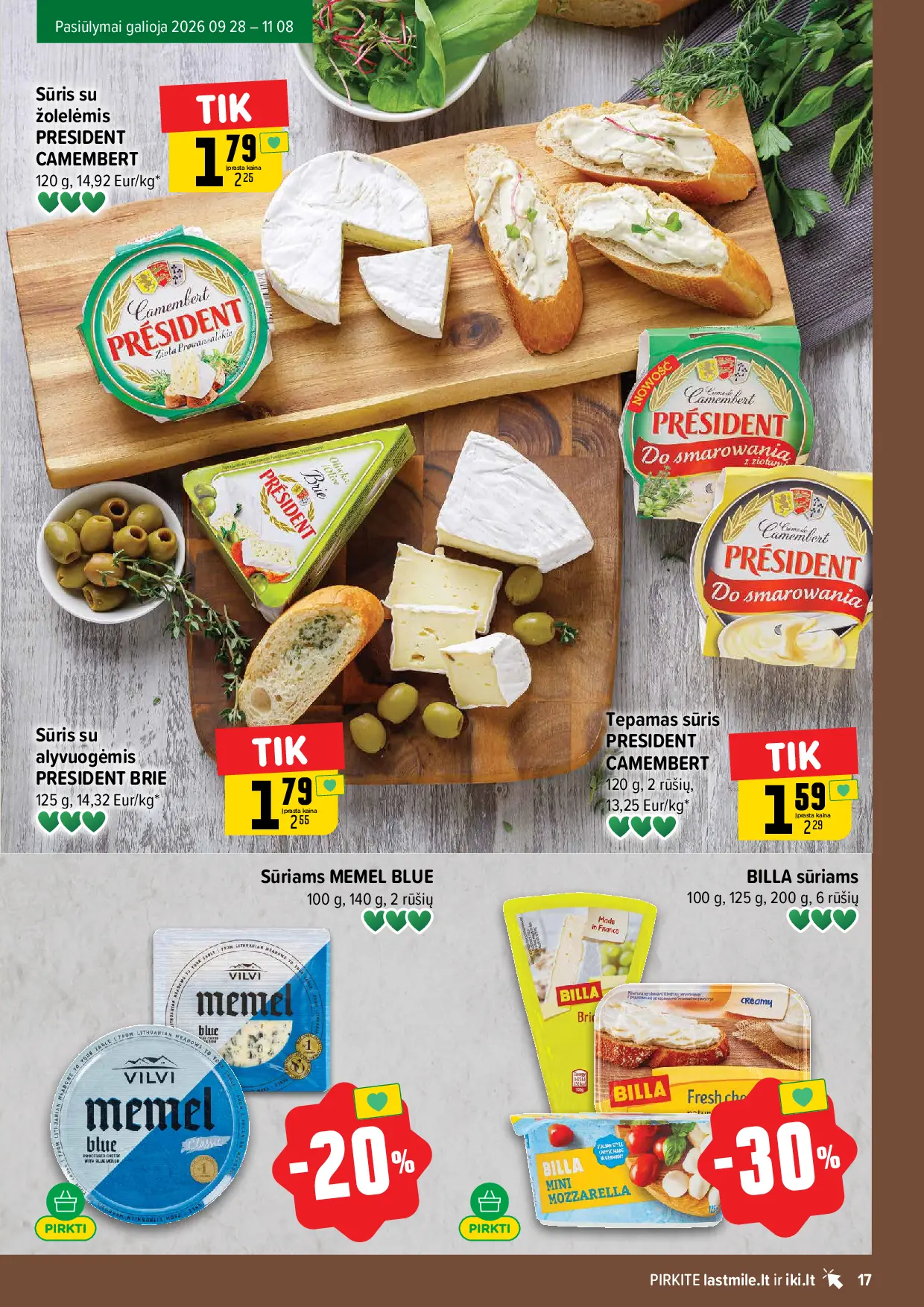 IKI Kainų leidinys Nr. 42 – 17 puslapis: Sūriams MEMEL BLUE, 100 g, BILLA sūriams, 100 g, Sūris su žolėlėmis PRESIDENT CAMEMBERT, 120 g