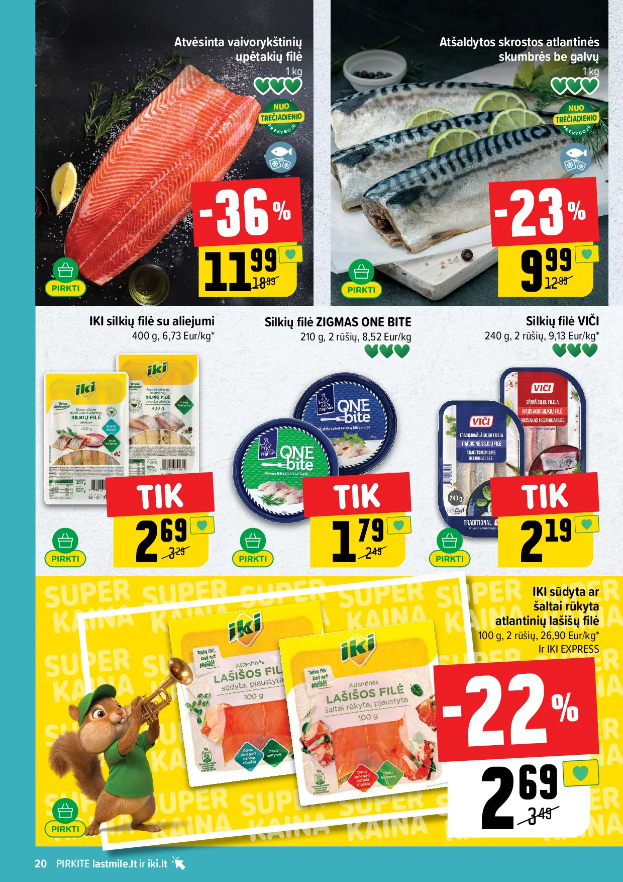 IKI Kainų leidinys Nr. 42 – 20 puslapis: Silkių filė ZIGMAS ONE BITE, 210 g, Silkių filė VIČI, 240 g, IKI sūdyta ar šaltai rūkyta atlantinių lašišų filė, 100 g