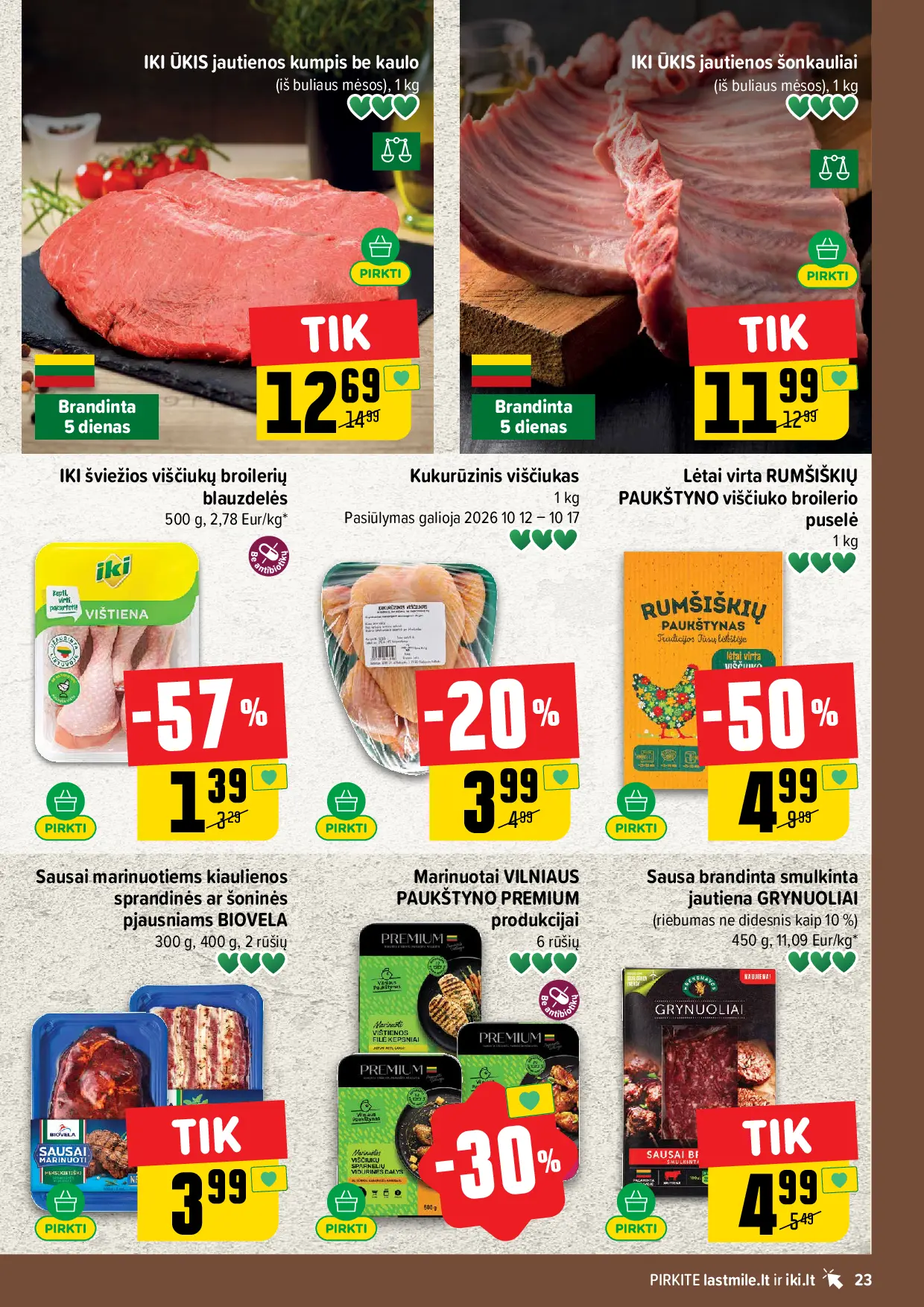 IKI Kainų leidinys Nr. 42 – 23 puslapis: IKI ŪKIS jautienos kumpis be kaulo, 1 kg, IKI ŪKIS jautienos šonkauliai, 1 kg, Kukurūzinis viščiukas, 1 kg