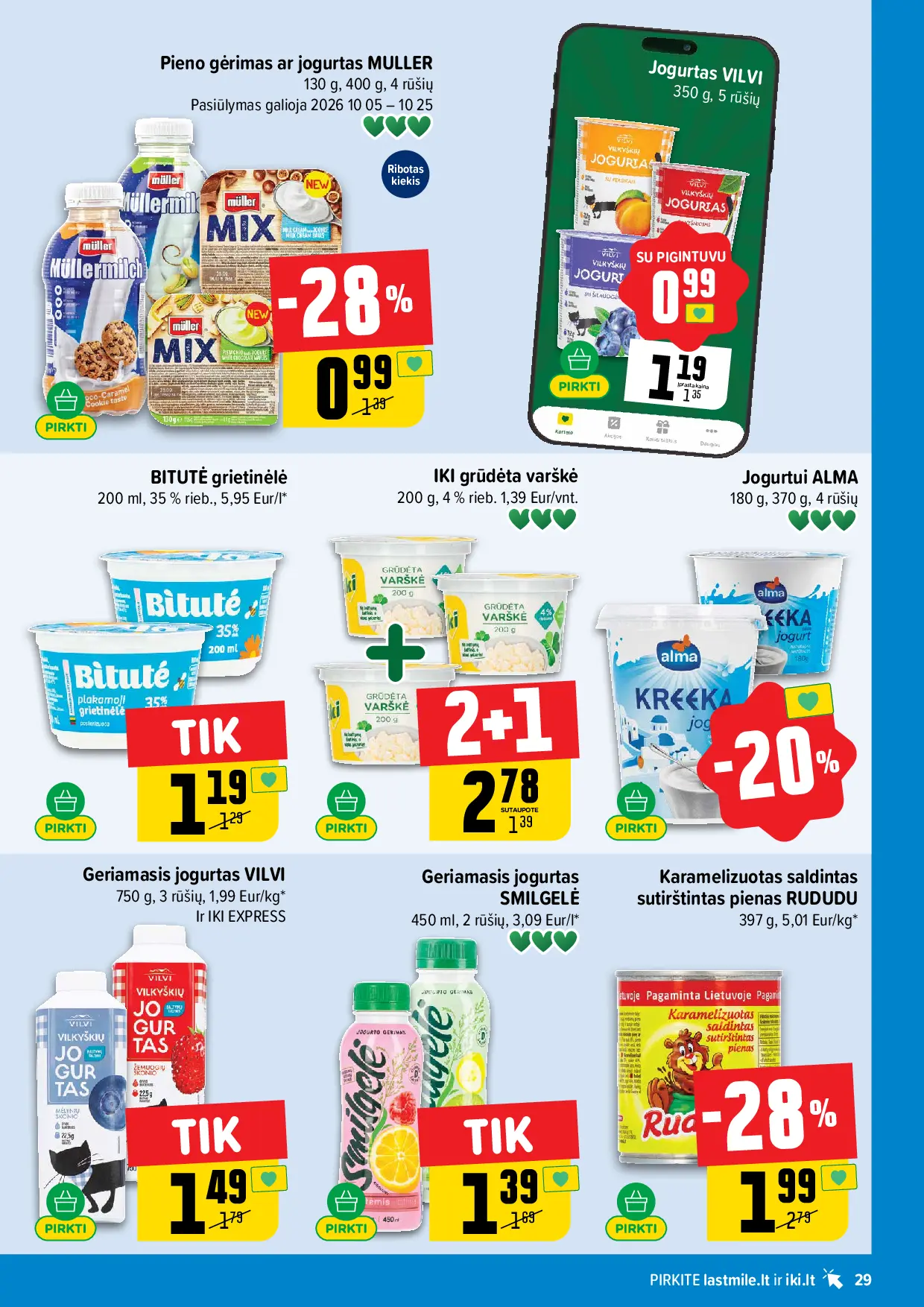 IKI Kainų leidinys Nr. 42 – 29 puslapis: Jogurtui ALMA, 180 g, Geriamasis jogurtas VILVI, 750 g, Geriamasis jogurtas SMILGELĖ, 450 ml