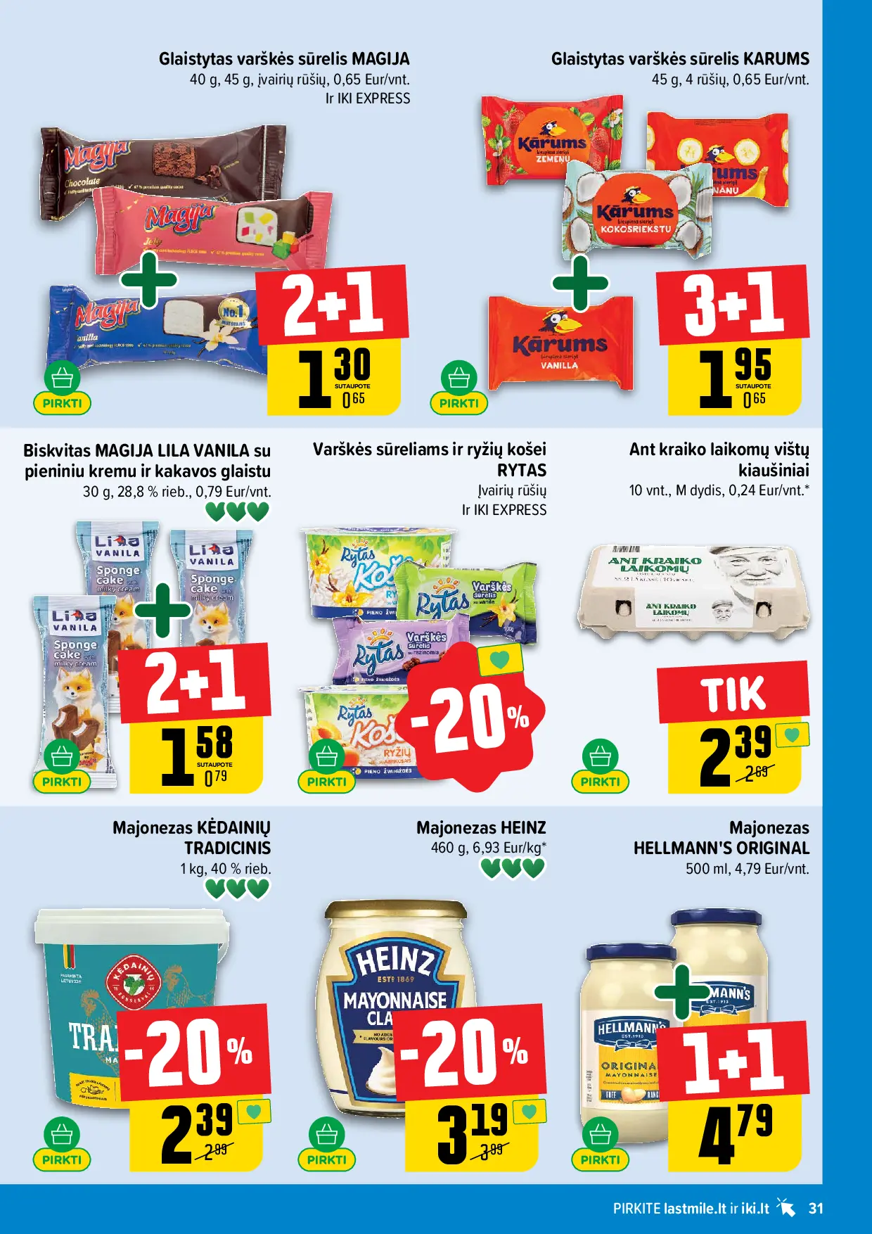 IKI Kainų leidinys Nr. 42 – 31 puslapis: Varškės sūreliams ir ryžių košei RYTAS, Majonezas HEINZ, 460 g, Ant kraiko laikomų vištų kiaušiniai, 10 vnt