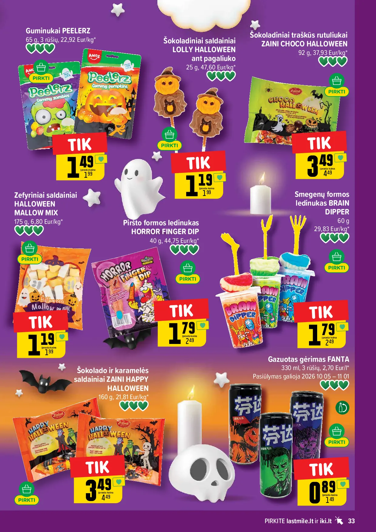 IKI Kainų leidinys Nr. 42 – 33 puslapis: Guminukai PEELERZ, 65 g, ~HALLOWEEN MALLOW MIX ZEFYRINIAI/SALDAINIAI, 175 g, Smegenų formos ledinukas BRAIN DIPPER, 60 g