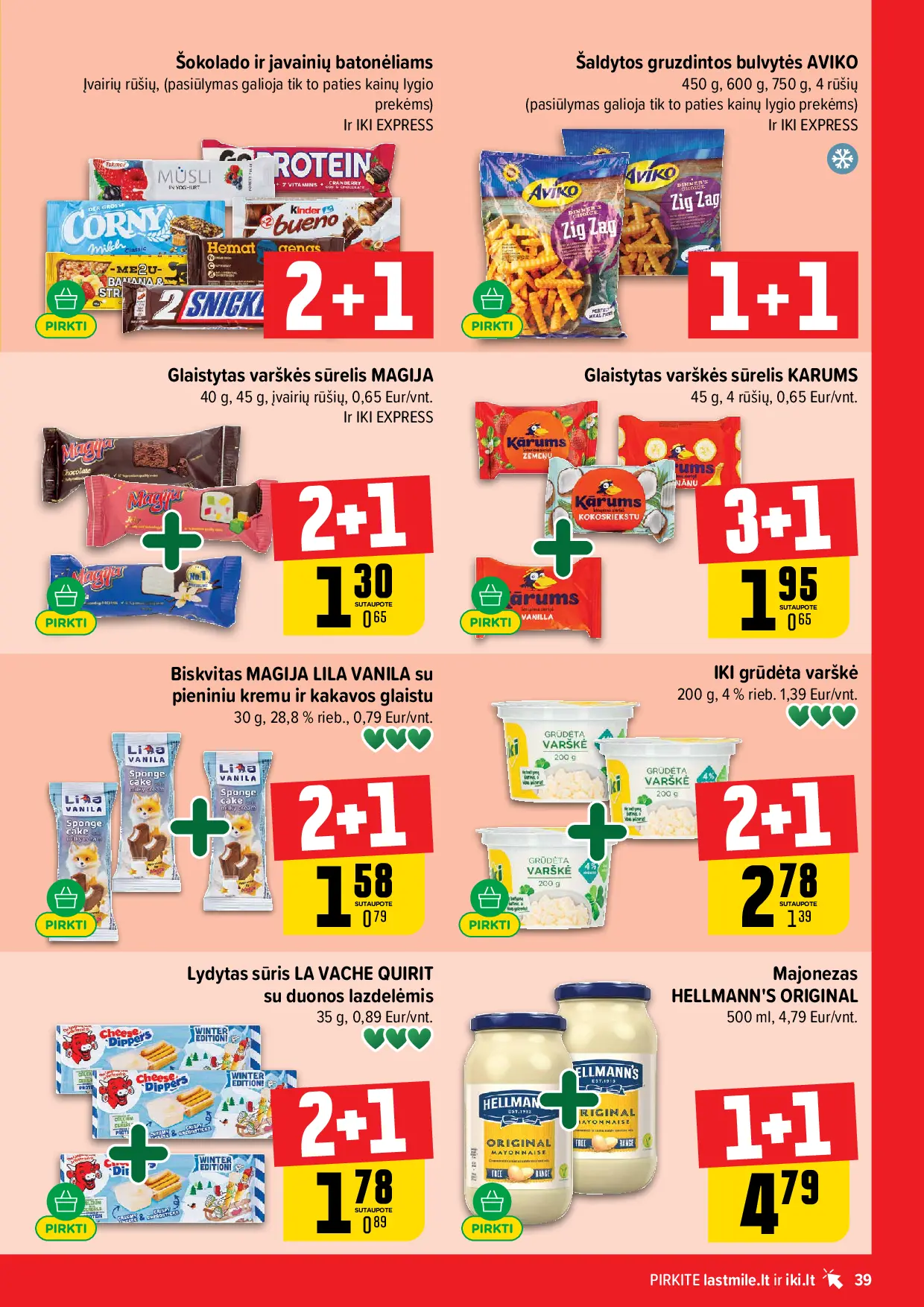 IKI Kainų leidinys Nr. 42 – 39 puslapis: IKI GRŪDĖTA varškė, 200 g, Lydytas sūris LA VACHE QUIRIT su duonos lazdelėmis, 35 g, Glaistytas varškės sūrelis MAGIJA, 40 g