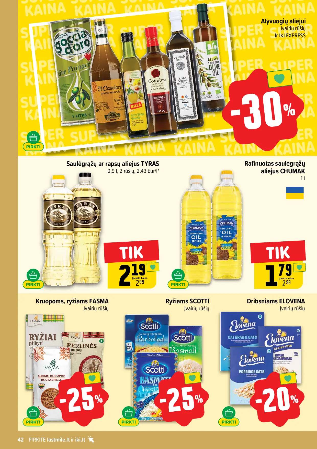 IKI Kainų leidinys Nr. 42 – 42 puslapis: Alyvuogių aliejui, Saulėgrąžų ar rapsų aliejus TYRAS, 0.9 l, Rafinuotas saulėgrąžų aliejus CHUMAK, 1 l