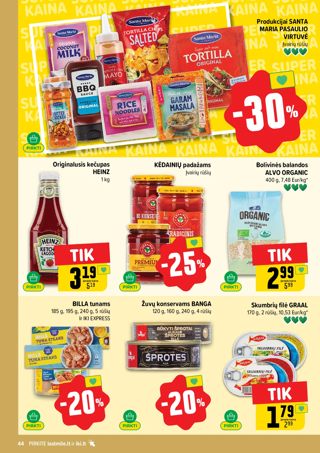 IKI Kainų leidinys Nr. 42 – 44 puslapis: Produkcijai SANTA MARIA PASAULIO VIRTUVĖ, KĖDAINIŲ padažams, BILLA tunams, 185 g