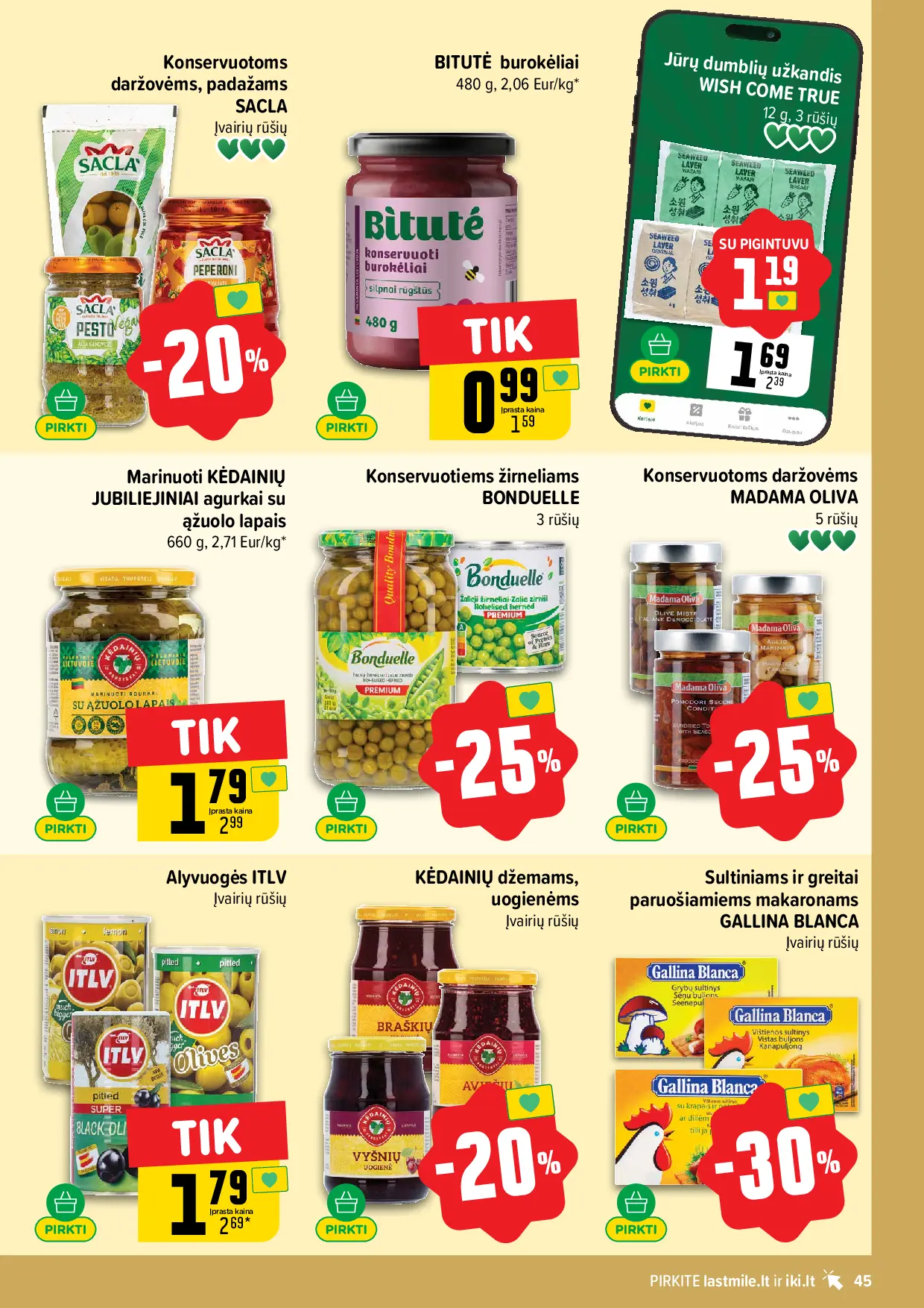 IKI Kainų leidinys Nr. 42 – 45 puslapis: Konservuotoms daržovėms, padažams SACLA, Konservuotiems žirneliams BONDUELLE, Konservuotoms daržovėms MADAMA OLIVA