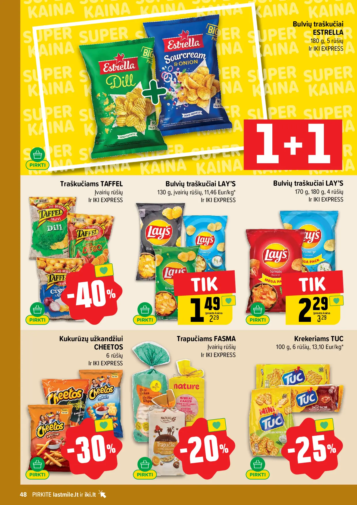 IKI Kainų leidinys Nr. 42 – 48 puslapis: Bulvių traškučiai LAY'S, 130 g, Traškučiams TAFFEL, Bulvių traškučiai LAY’S, 170 g