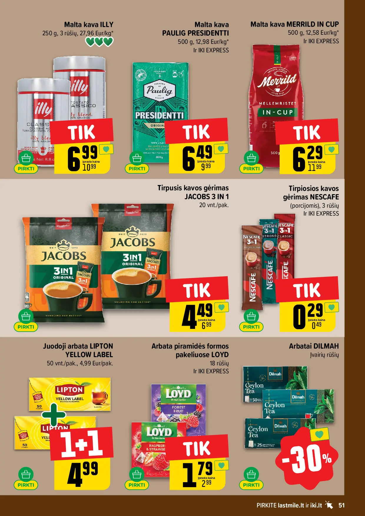 IKI Kainų leidinys Nr. 42 – 51 puslapis: Malta kava ILLY, 250 g, Malta kava PAULIG PRESIDENTTI, 500 g, Malta kava MERRILD IN-CUP, 500 g