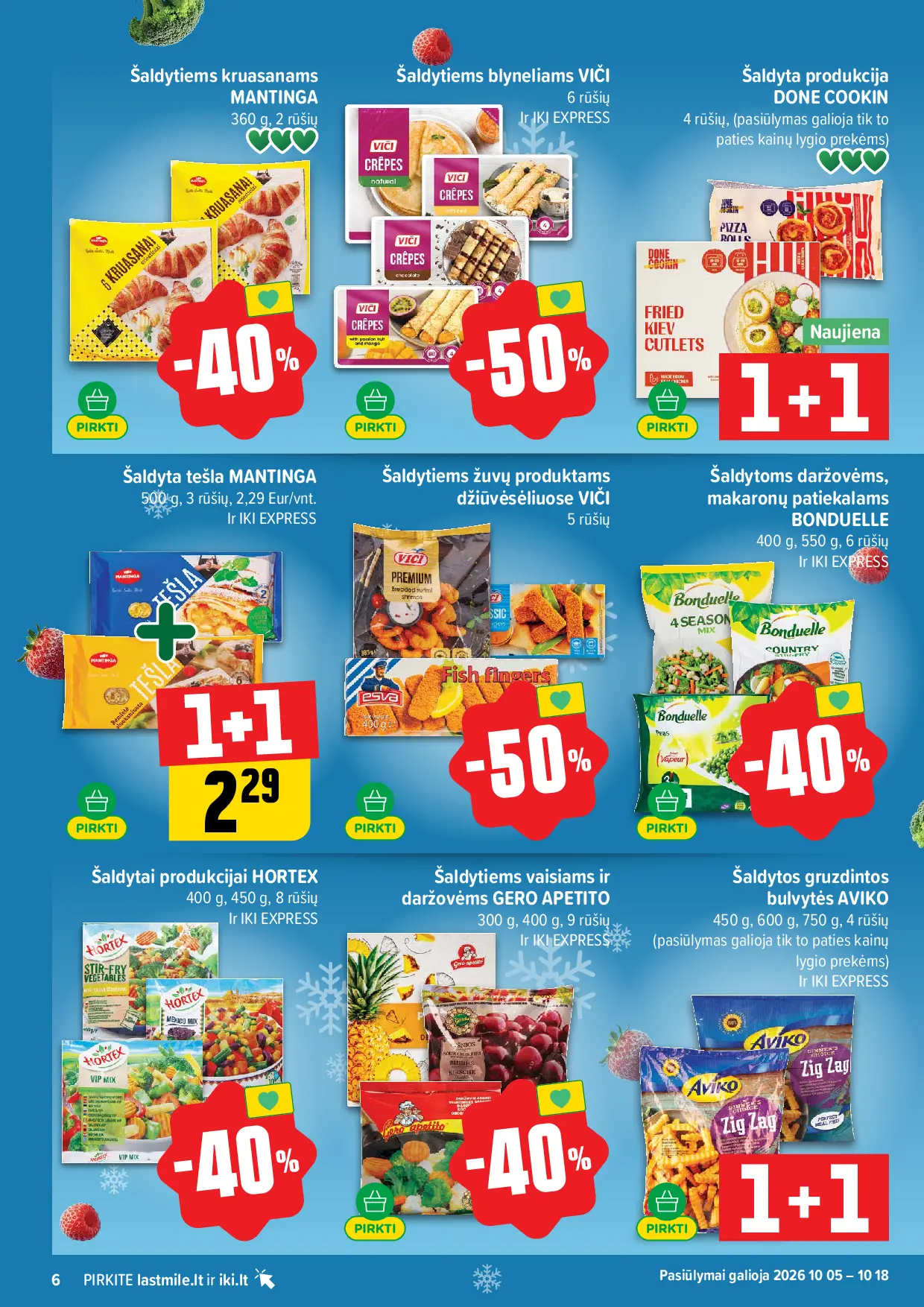 IKI Kainų leidinys Nr. 42 – 6 puslapis: Šaldytiems kruasanams MANTINGA, 360 g, Šaldytiems blyneliams VIČI, Šaldytiems žuvų produktams džiūvėsėliuose VIČI