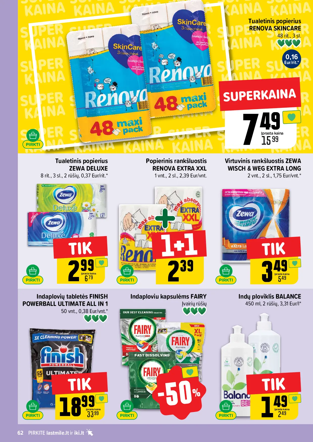 IKI Kainų leidinys Nr. 42 – 62 puslapis: Tualetinis popierius RENOVA SKINCARE, 48 rit., Tualetinis popierius ZEWA DELUXE, 8 rit., Indaplovių kapsulėms FAIRY