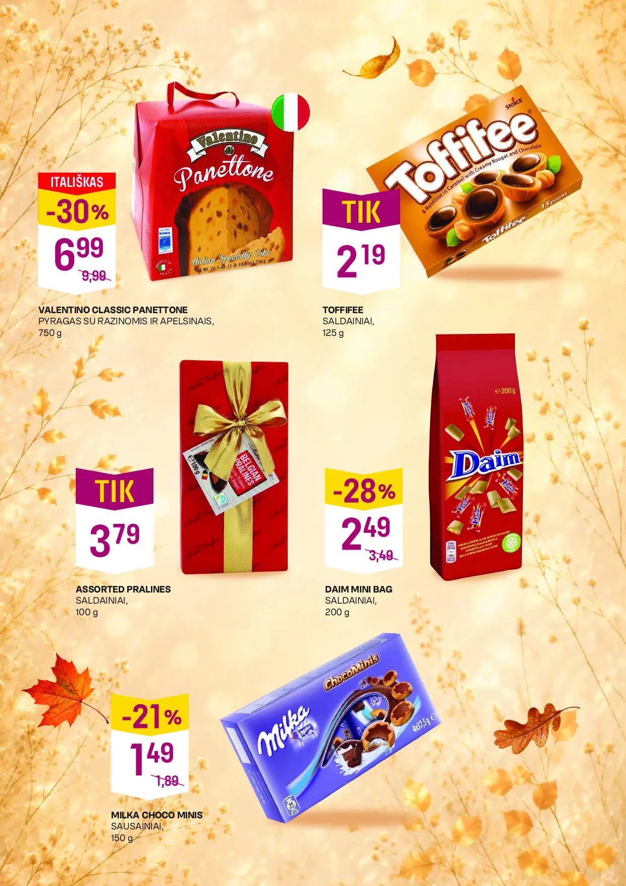 Vynoteka kainų leidinys Nr. 21 – 2 puslapis: Toffifee, 125 g, ASSORTED PRALINES, 100 g, DAIM MINI BAG, 200 g