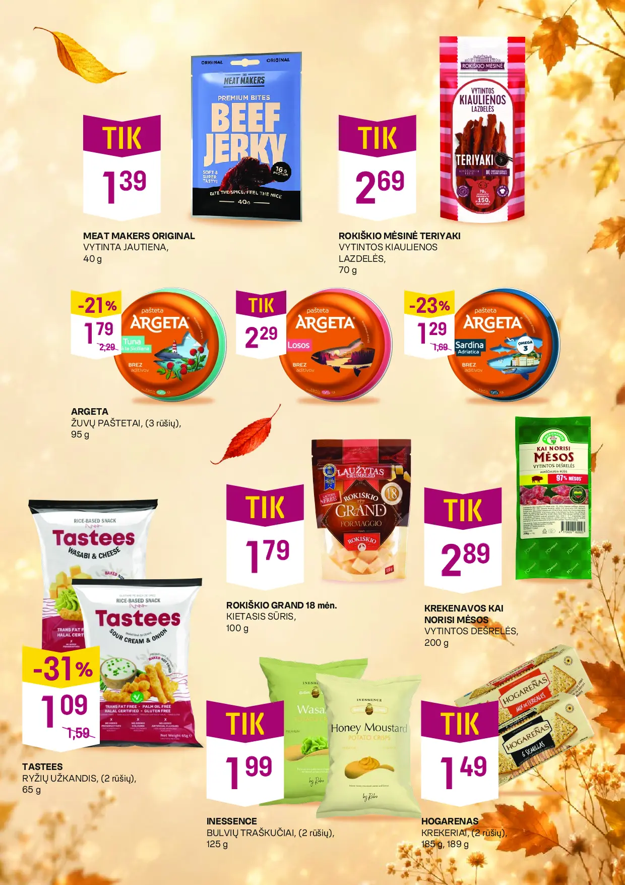Vynoteka kainų leidinys Nr. 21 – 3 puslapis: MEAT MAKERS ORIGINAL, 40 g, ROKIŠKIO MĖSINĖ TERIYAKI, 70 g, ARGETA, 95 g