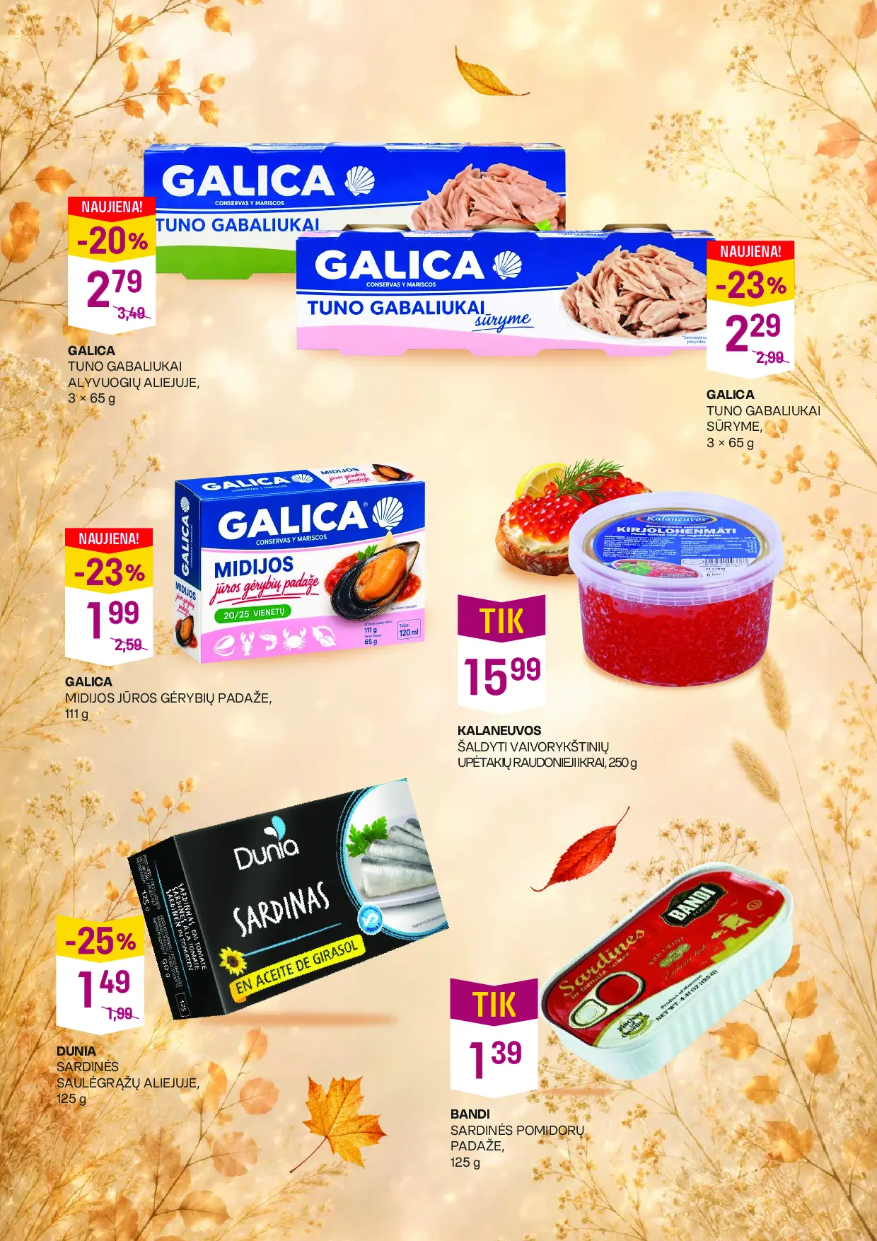 Vynoteka kainų leidinys Nr. 21 – 5 puslapis: GALICA TUNO GABALIUKAI ALYVUOGIŲ ALIEJUJE, 3 x 65 g, GALICA TUNO GABALIUKAI SŪRYME, 3 x 65 g, GALICA MIDIJOS JŪROS GĖRYBIŲ PADAŽE, 111 g