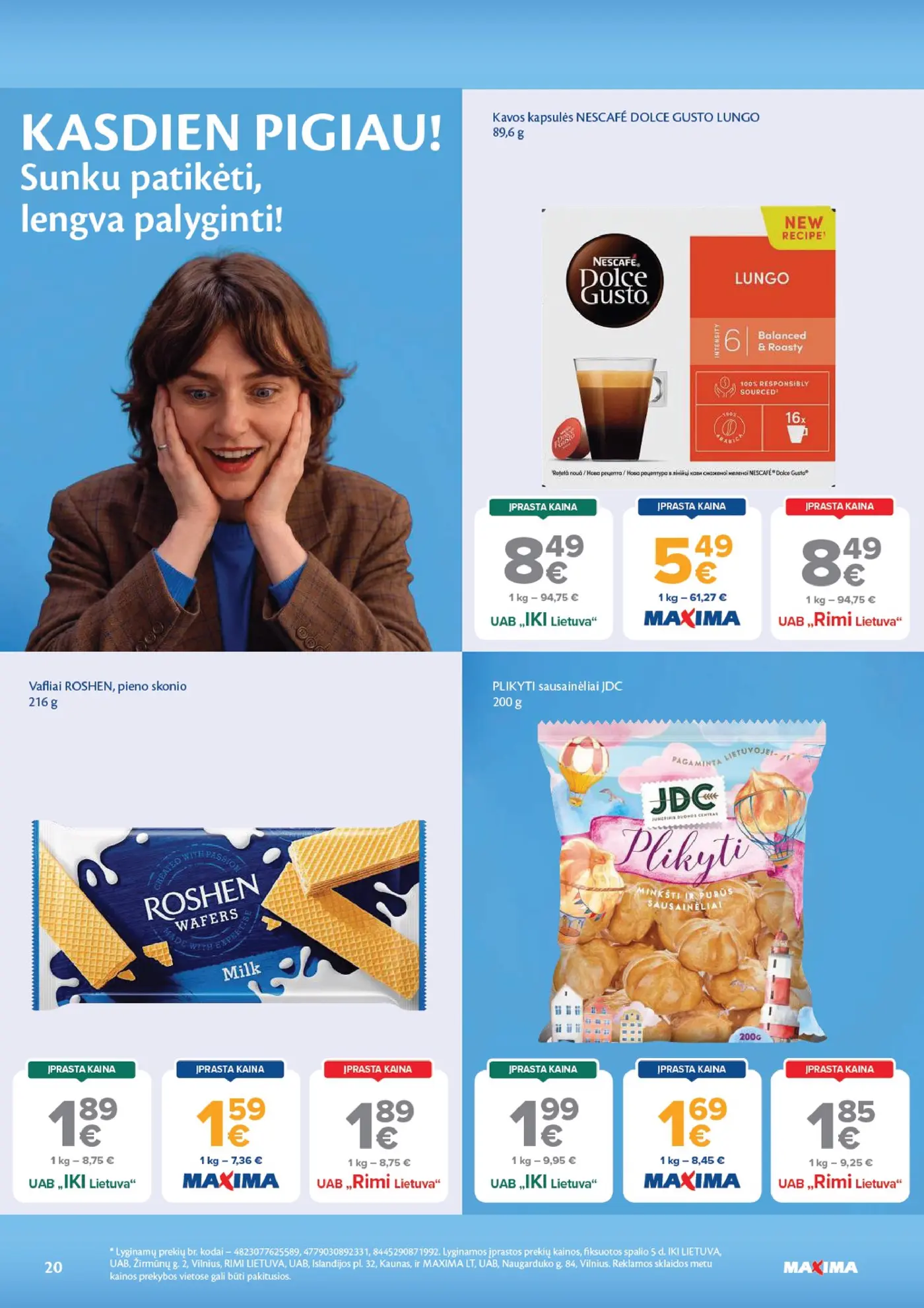 Naujas Maxima nuolaidų leidinys - AČIŪ savaitinis leidinys Nr. 42 – 20 puslapis: Kavos kapsulės NESCAFÉ DOLCE GUSTO LUNGO, 89.6 g, Vafliai ROSHEN, 216 g, PLIKYTI sausainėliai JDC, 200 g