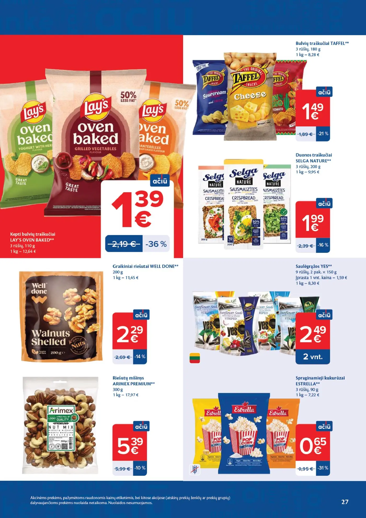 Naujas Maxima nuolaidų leidinys - AČIŪ savaitinis leidinys Nr. 42 – 27 puslapis: Riešutų mišinys ARIMEX PREMIUM, 300 g, Graikiniai riešutai WELL DONE, 200 g, Kepti bulvių traškučiai LAY'S OVEN BAKED, 110 g