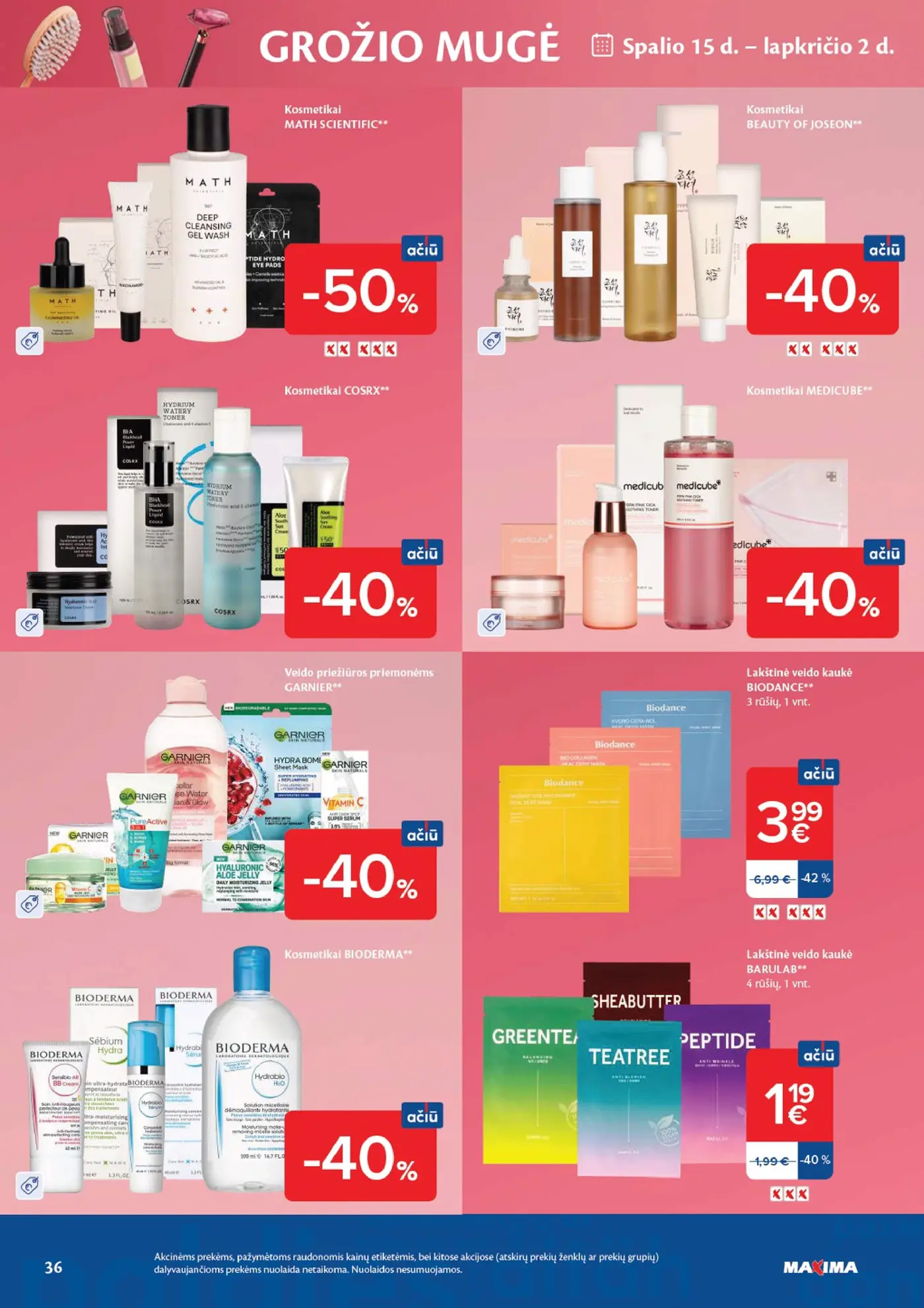 Naujas Maxima nuolaidų leidinys - AČIŪ savaitinis leidinys Nr. 42 – 36 puslapis: Kosmetikai MATH SCIENTIFIC, Kosmetikai BEAUTY OF JOSEON, Kosmetikai COSRX