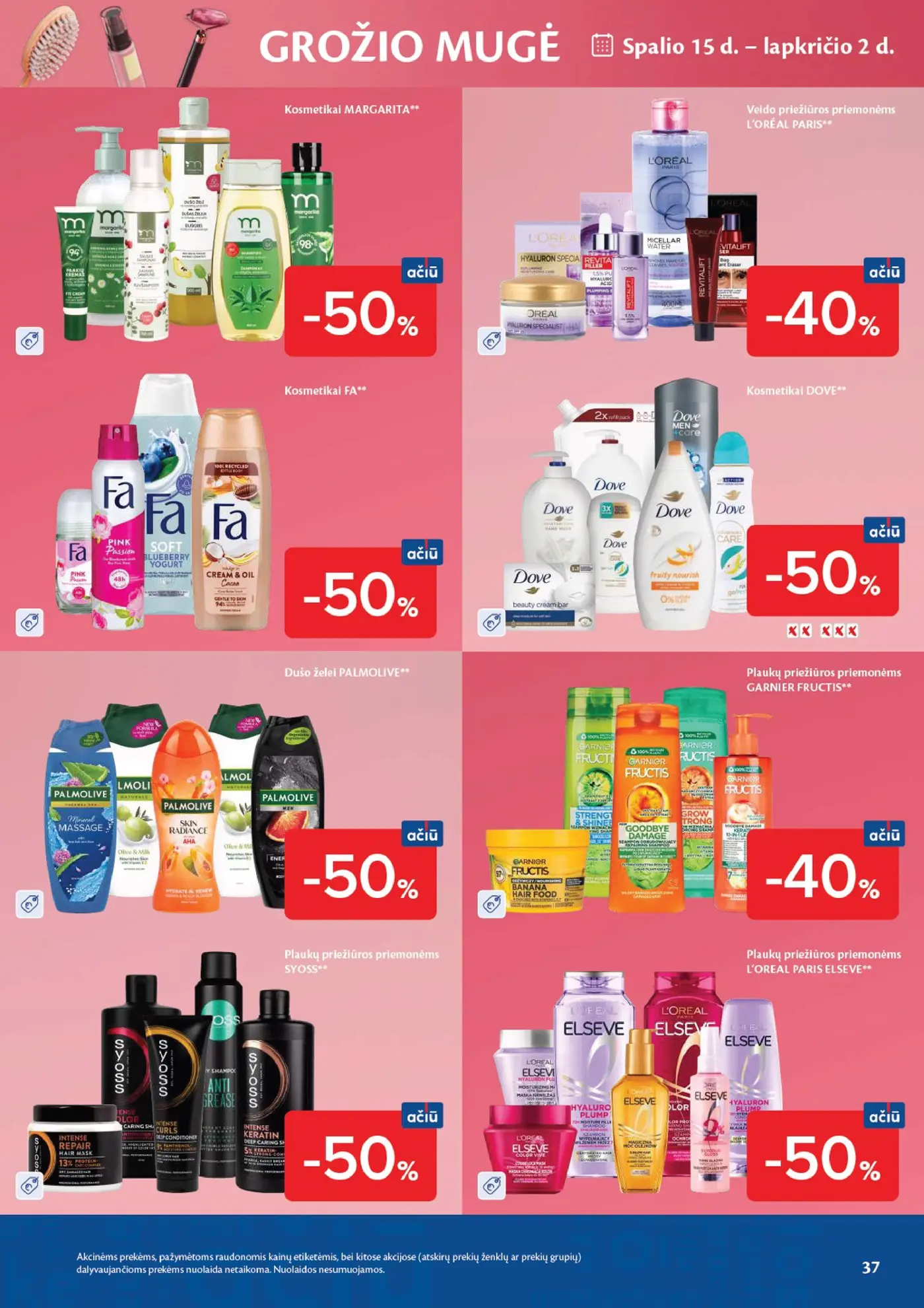 Naujas Maxima nuolaidų leidinys - AČIŪ savaitinis leidinys Nr. 42 – 37 puslapis: Kosmetikai MARGARITA, Veido priežiūros priemonėms L'ORÉAL PARIS, Kosmetikai FA