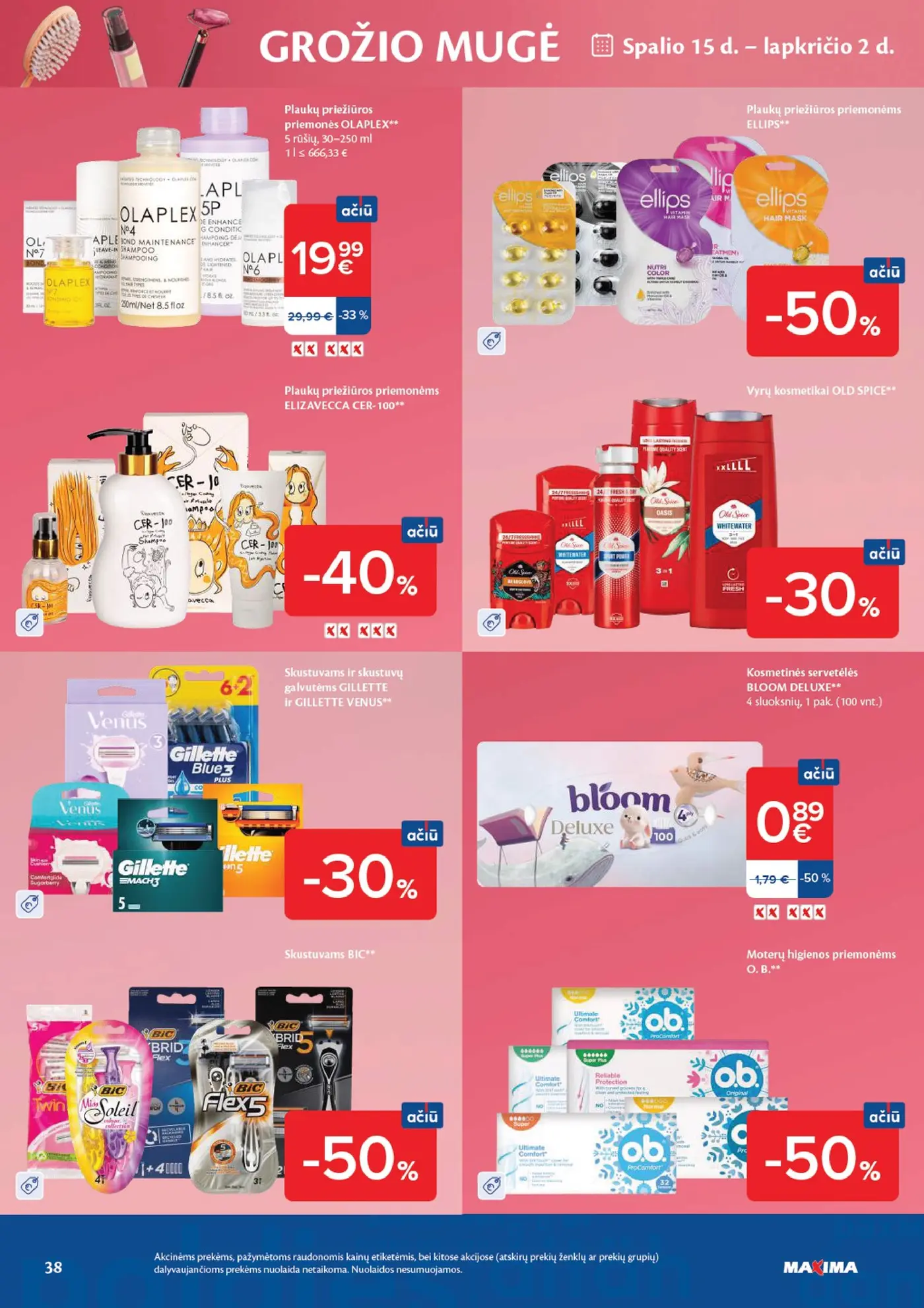 Naujas Maxima nuolaidų leidinys - AČIŪ savaitinis leidinys Nr. 42 – 38 puslapis: Plaukų priežiūros priemonės OLAPLEX, 250 ml, Plaukų priežiūros priemonėms ELLIPS, Plaukų priežiūros priemonėms ELIZAVECCA CER-100