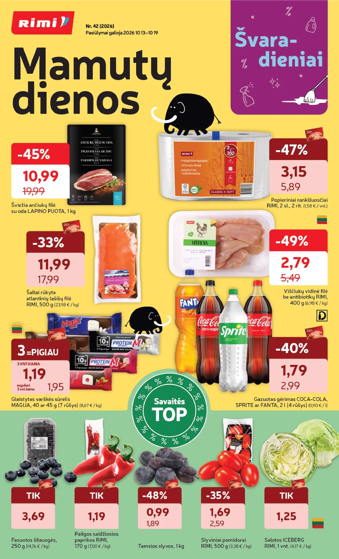 „Rimi“ savaitinis leidinys Nr. 42 (2026.10.13 - 2026.10.19) – 1 puslapis: Viščiukų vidinė filė be antibiotikų RIMI, 400 g, Popieriniai rankšluosčiai RIMI, 2 rit., Gazuotas gėrimas COCA-COLA, SPRITE ar FANTA, 2 l