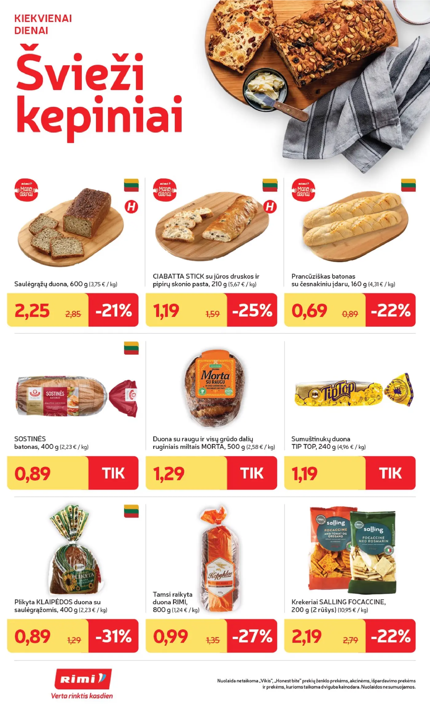 „Rimi“ savaitinis leidinys Nr. 42 (2026.10.13 - 2026.10.19) – 12 puslapis: SOSTINĖS batonas, 400 g, Sumuštinukų duona TIP TOP, 240 g, Saulėgrąžų duona, 600 g