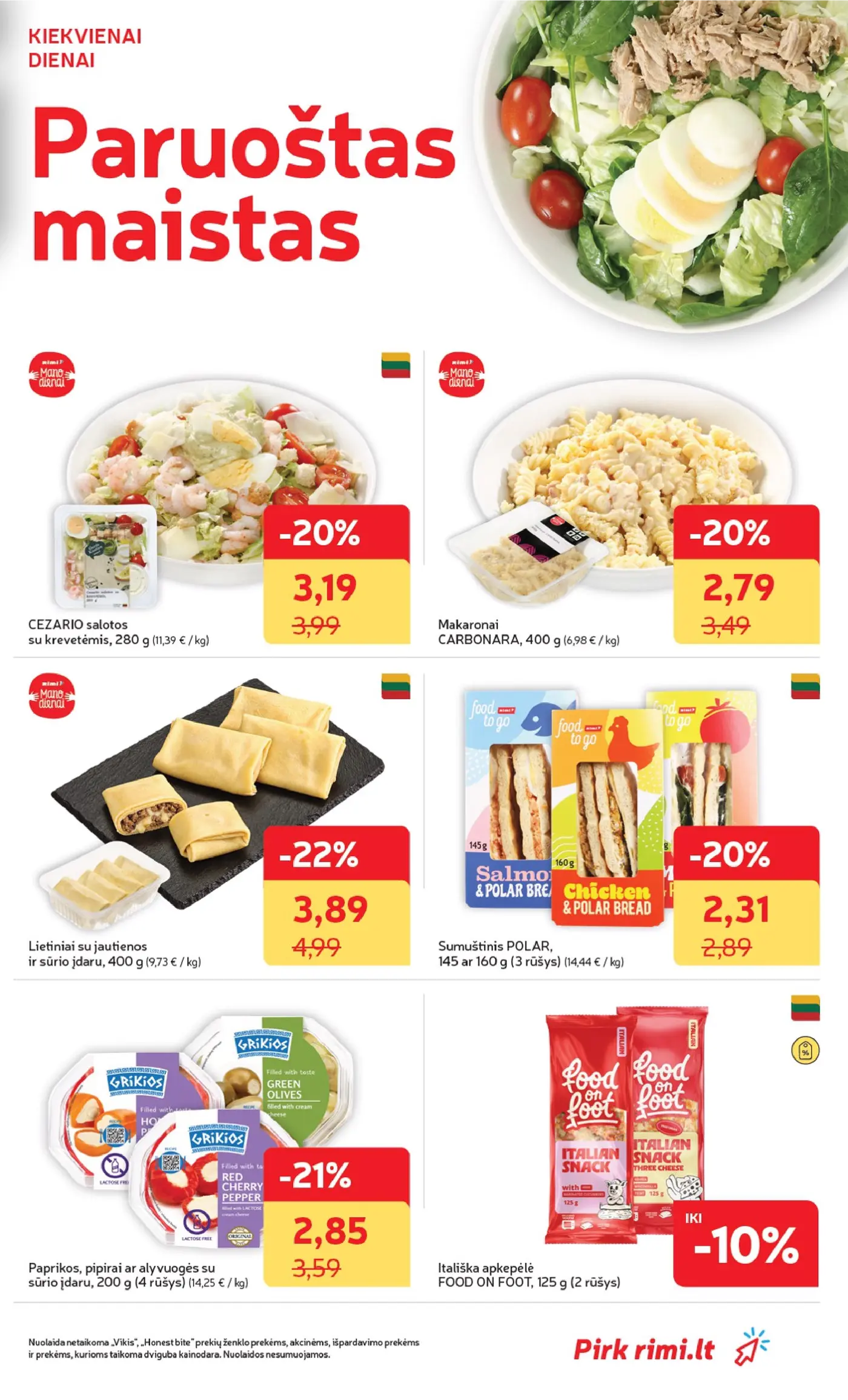„Rimi“ savaitinis leidinys Nr. 42 (2026.10.13 - 2026.10.19) – 13 puslapis: Lietiniai su jautienos ir sūrio įdaru, 400 g, CEZARIO salotos, 280 g, Makaronai CARBONARA, 400 g