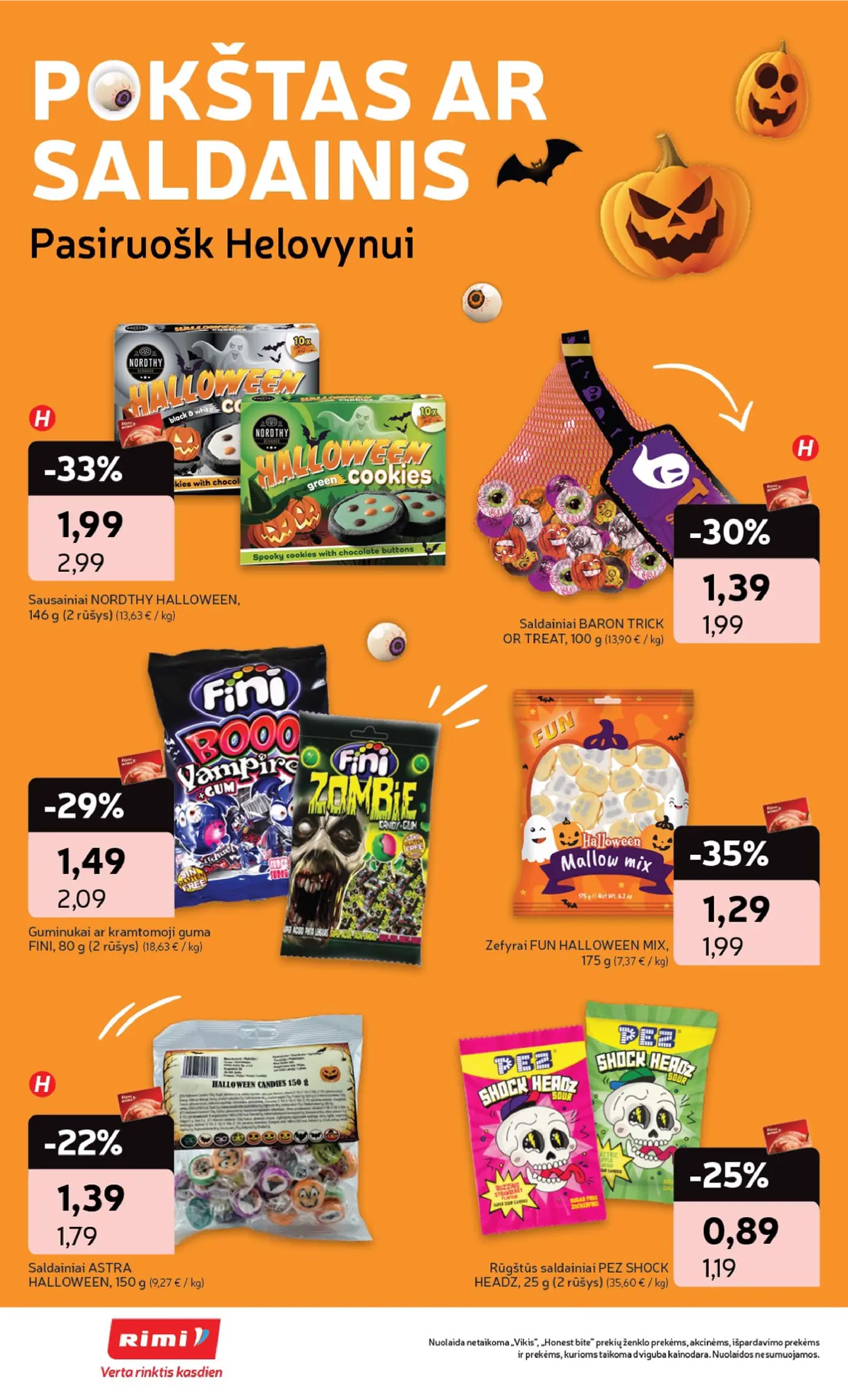 „Rimi“ savaitinis leidinys Nr. 42 (2026.10.13 - 2026.10.19) – 18 puslapis: Saldainiai BARON TRICK OR TREAT, 100 g, Saldainiai ASTRA HALLOWEEN, 150 g, Zefyrai FUN HALLOWEEN MIX, 175 g