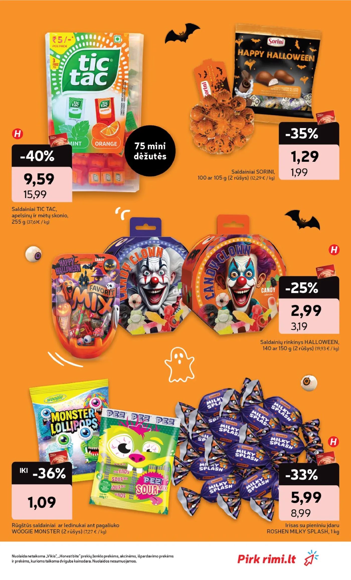 „Rimi“ savaitinis leidinys Nr. 42 (2026.10.13 - 2026.10.19) – 19 puslapis: Saldainiai TIC TAC, 255 g, Saldainiai SORINI, 105 g, Saldainių rinkinys HALLOWEEN, 150 g