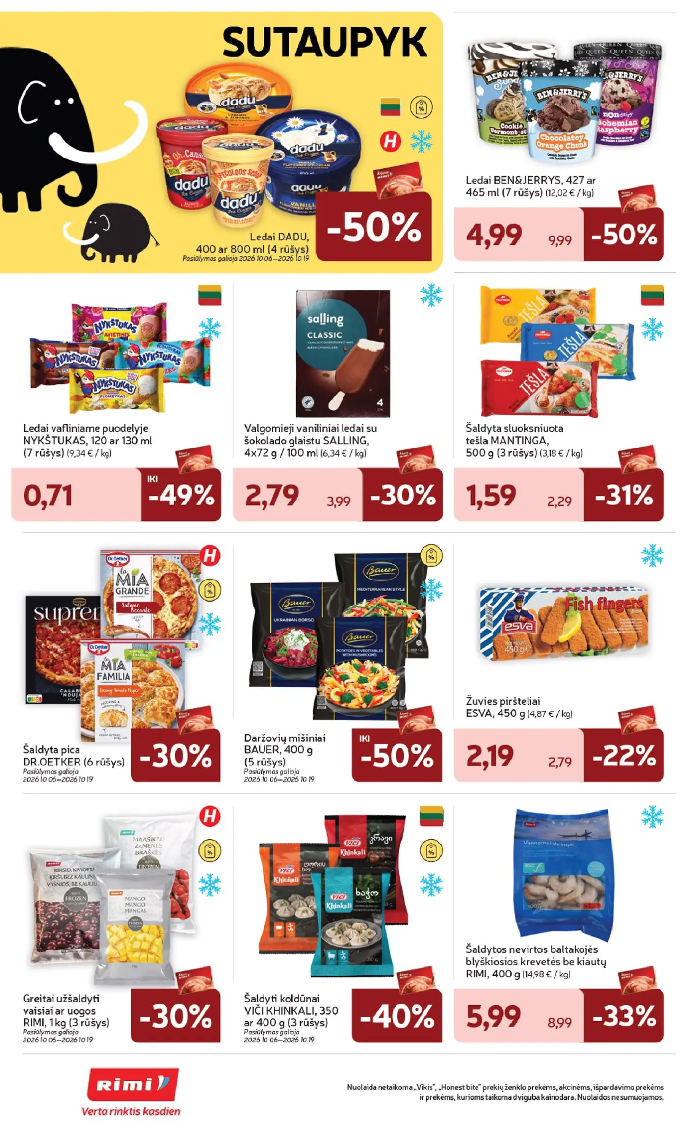 „Rimi“ savaitinis leidinys Nr. 42 (2026.10.13 - 2026.10.19) – 22 puslapis: Žuvies piršteliai ESVA, 450 g, Greitai užšaldyti vaisiai ar uogos RIMI, 1 kg, Ledai DADU, 800 ml
