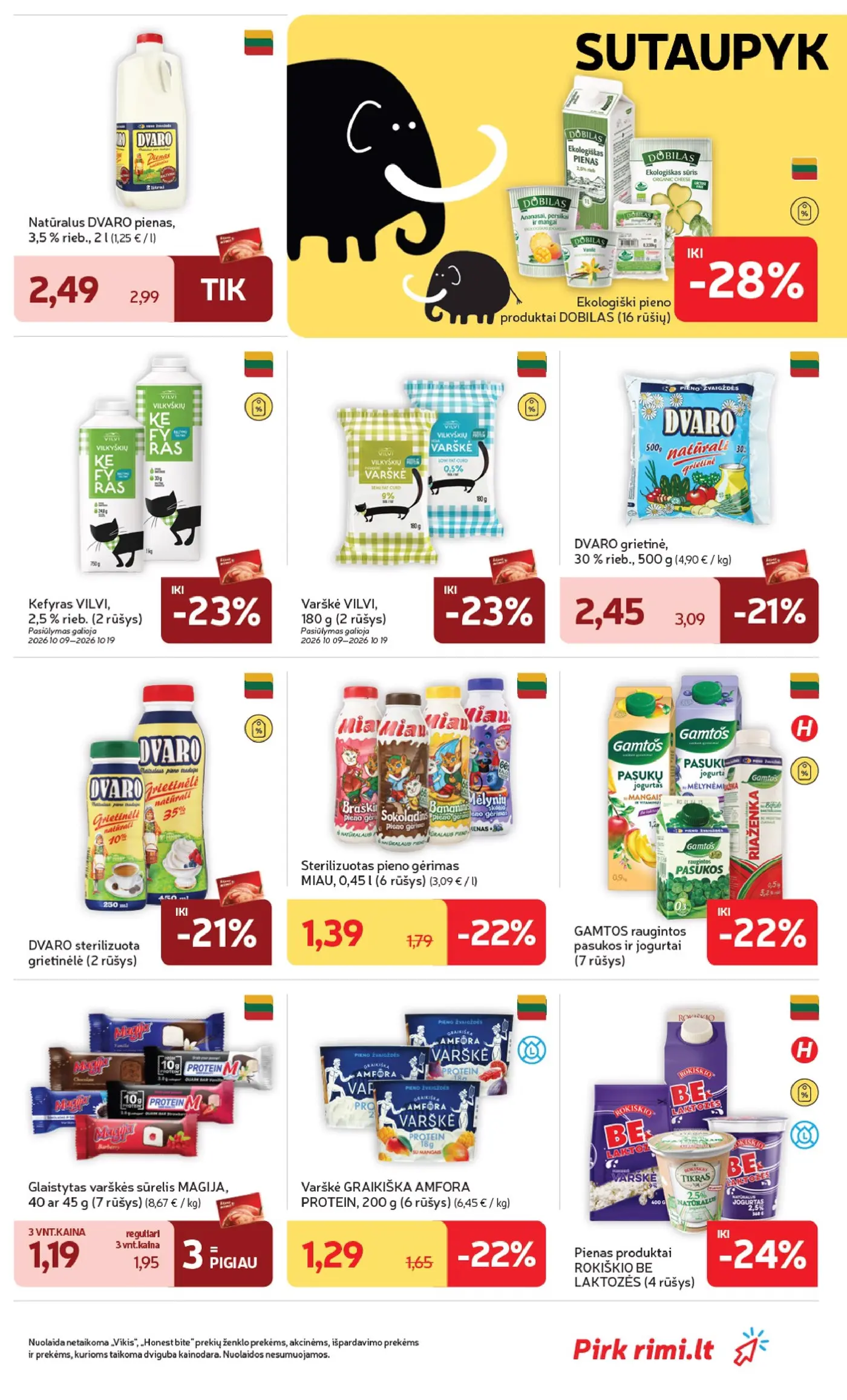 „Rimi“ savaitinis leidinys Nr. 42 (2026.10.13 - 2026.10.19) – 23 puslapis: Glaistytas varškės sūrelis MAGIJA, 45 g, Ekologiški pieno produktai DOBILAS, Kefyras VILVI