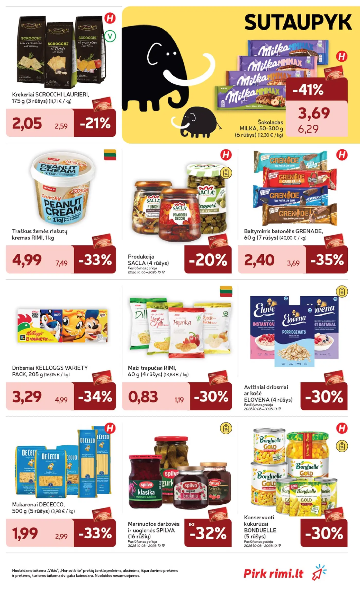 „Rimi“ savaitinis leidinys Nr. 42 (2026.10.13 - 2026.10.19) – 25 puslapis: Traškus žemės riešutų kremas RIMI, 1 kg, Krekeriai SCROCCHI LAURIERI, 175 g, Šokoladas MILKA, 300 g