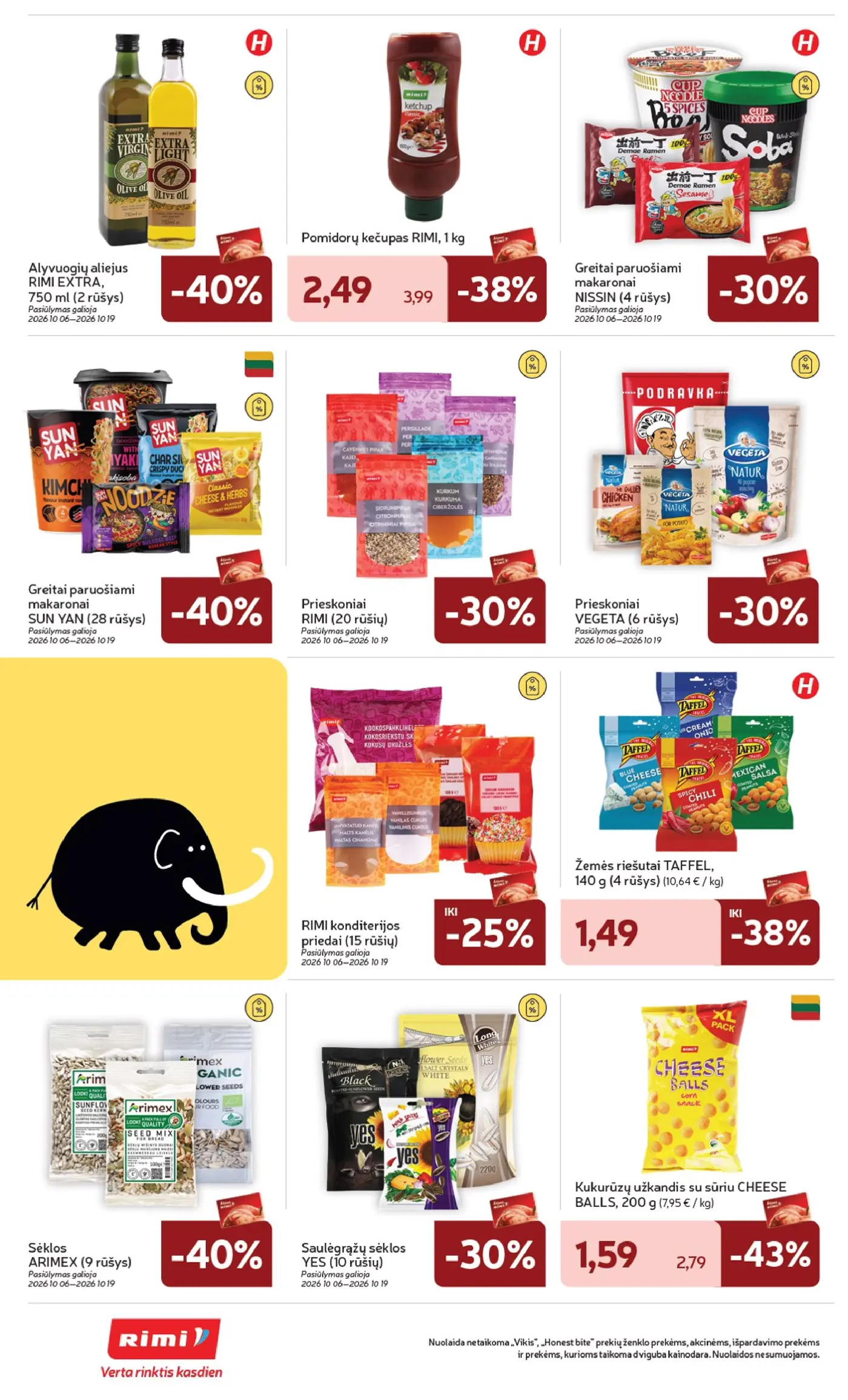 „Rimi“ savaitinis leidinys Nr. 42 (2026.10.13 - 2026.10.19) – 26 puslapis: Pomidorų kečupas RIMI, 1 kg, Kukurūzų užkandis su sūriu CHEESE BALLS, 200 g, Alyvuogių aliejus RIMI EXTRA, 750 ml