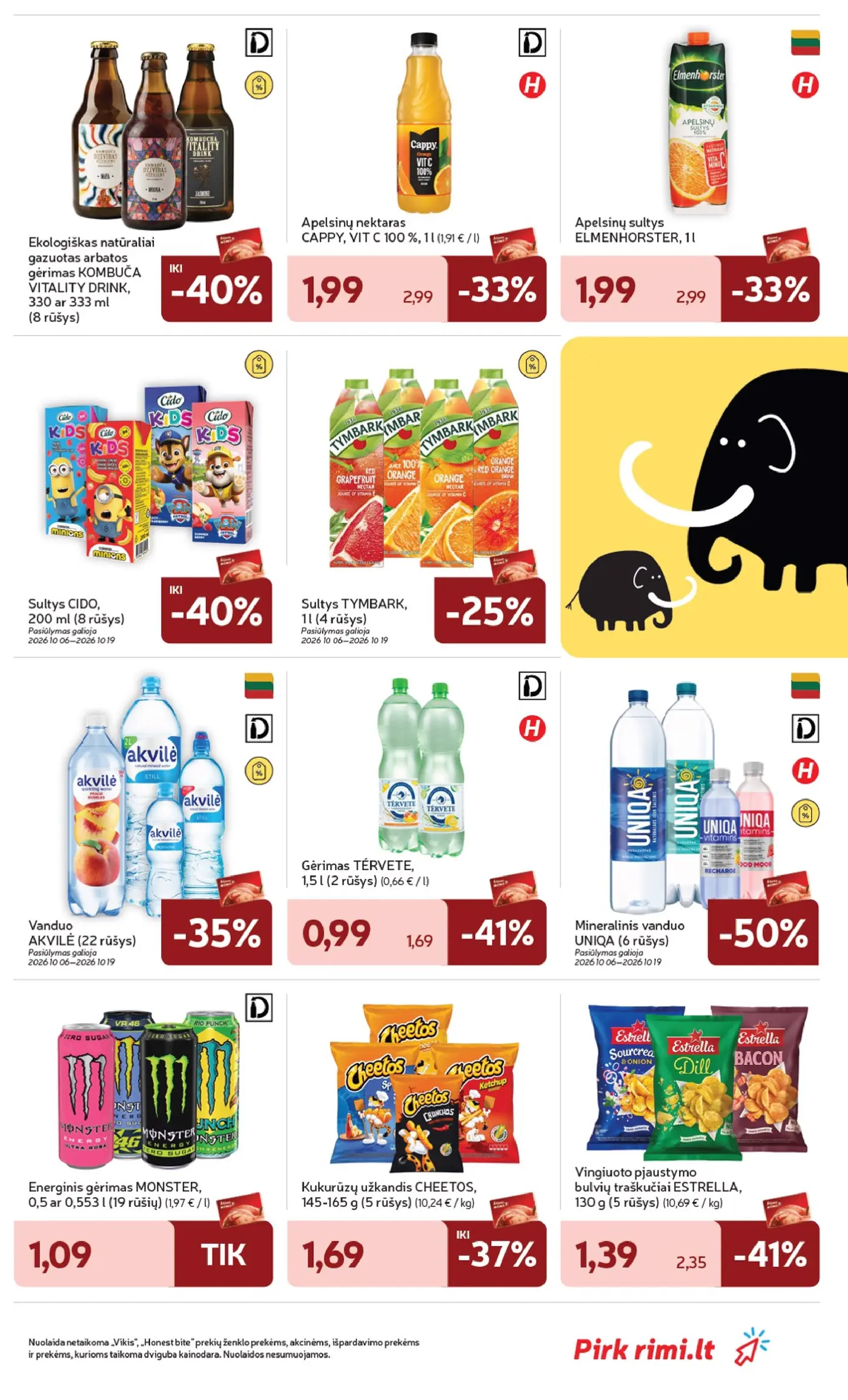 „Rimi“ savaitinis leidinys Nr. 42 (2026.10.13 - 2026.10.19) – 27 puslapis: Apelsinų nektaras CAPPY, VIT C 100 %, 1 l, Apelsinų sultys ELMENHORSTER, 1 l, Ekologiškas natūraliai gazuotas arbatos gėrimas KOMBUČA VITALITY DRINK, 333 ml