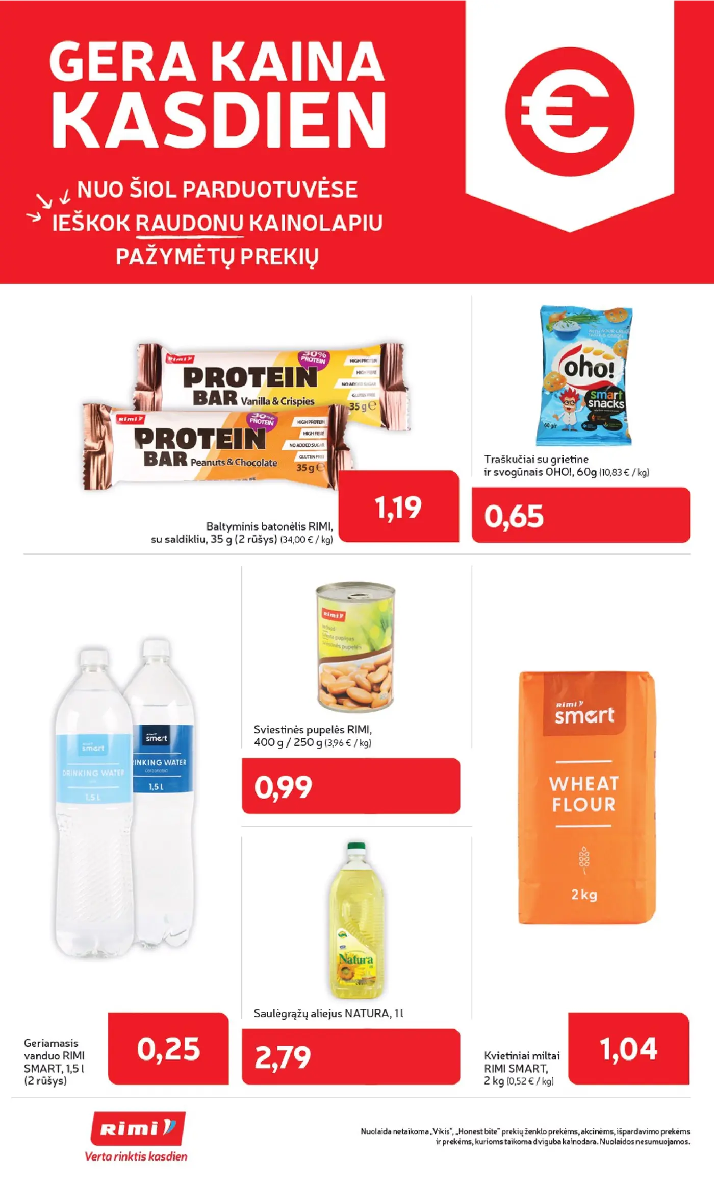 „Rimi“ savaitinis leidinys Nr. 42 (2026.10.13 - 2026.10.19) – 30 puslapis: Baltyminis batonėlis RIMI, 35 g, Traškučiai su grietine ir svogūnais OHO!, 60 g, Sviestinės pupelės RIMI, 400 g