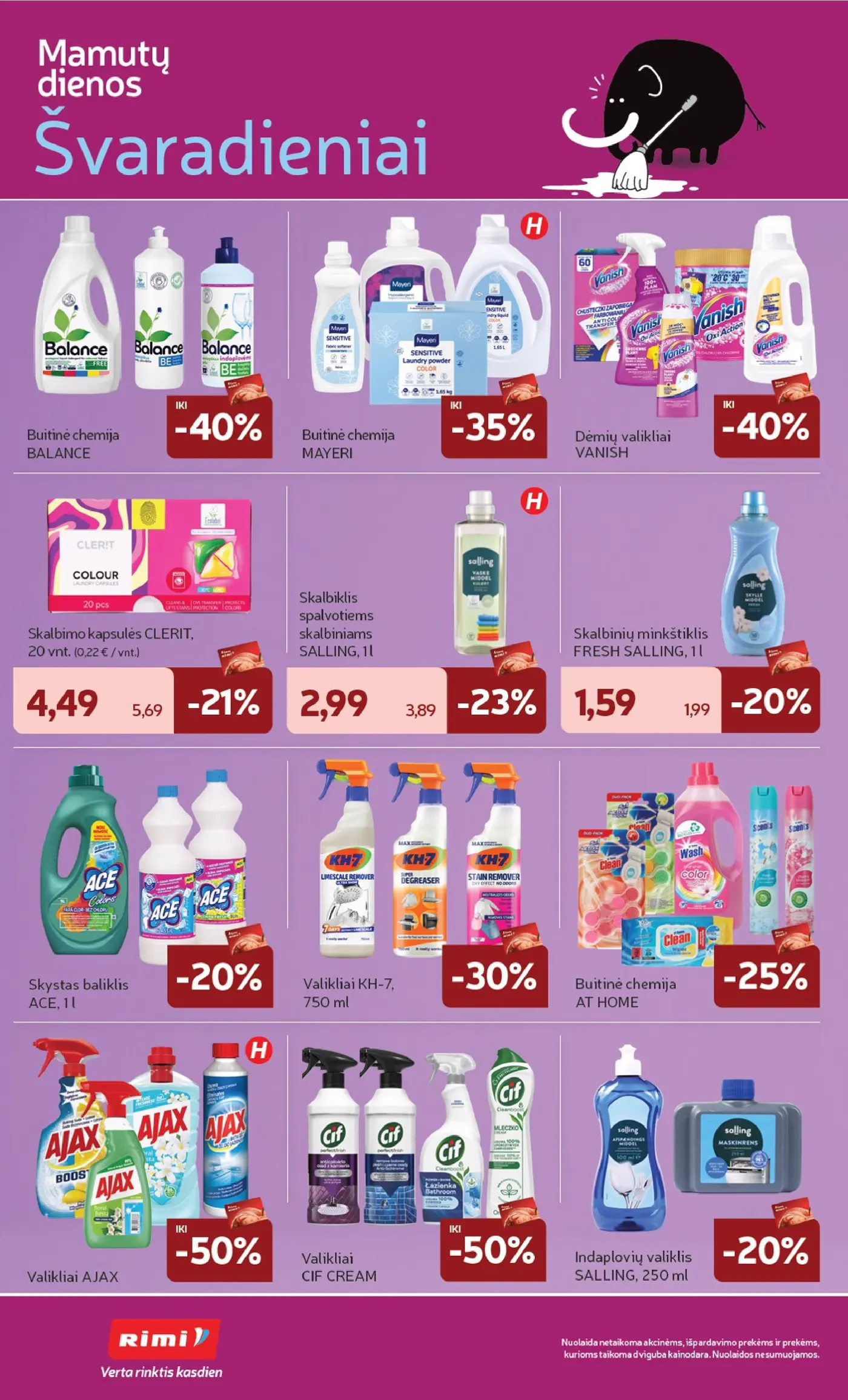 „Rimi“ savaitinis leidinys Nr. 42 (2026.10.13 - 2026.10.19) – 6 puslapis: Skalbinių minkštiklis FRESH SALLING, 1 l, Buitinė chemija BALANCE, Buitinė chemija MAYERI