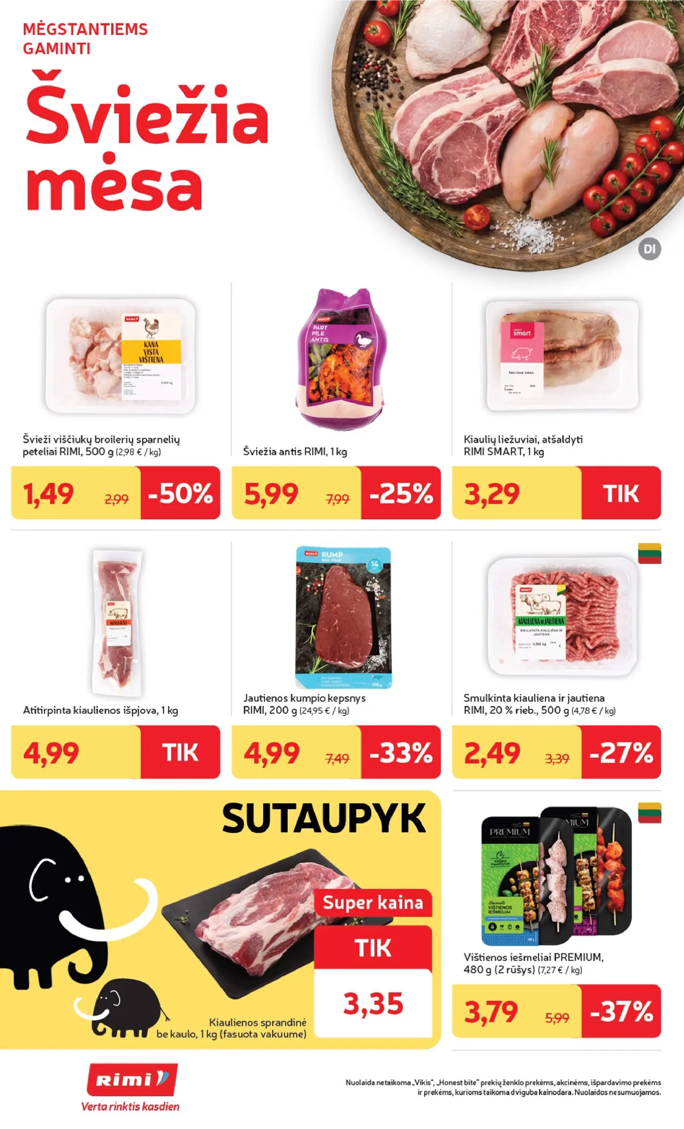 „Rimi“ savaitinis leidinys Nr. 42 (2026.10.13 - 2026.10.19) – 8 puslapis: Jautienos kumpio kepsnys RIMI, 200 g, Kiaulienos sprandinė be kaulo, 1 kg, Atitirpinta kiaulienos išpjova, 1 kg