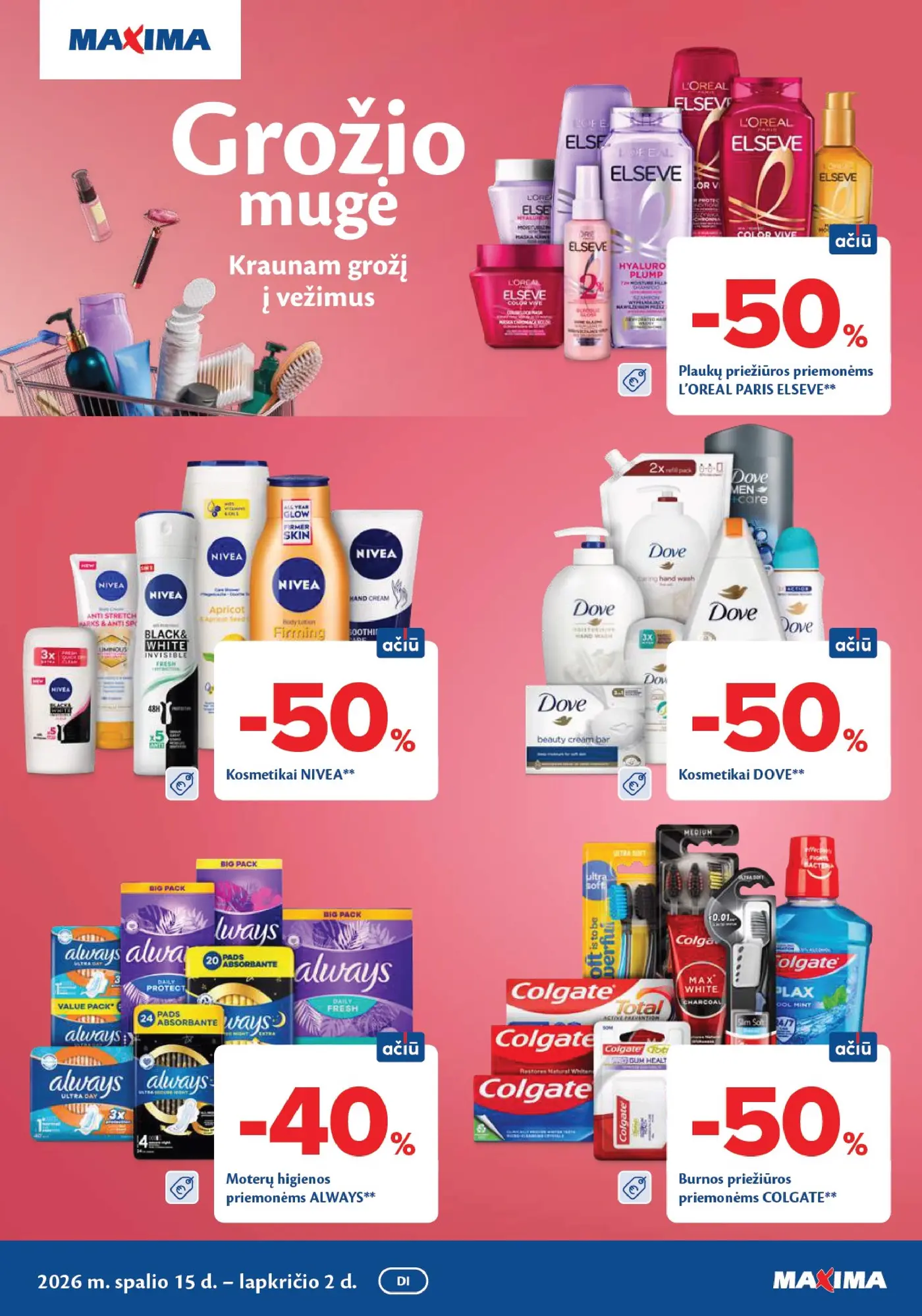 Naujas Maxima nuolaidų leidinys - Grožio mugė – 1 puslapis: Plaukų priežiūros priemonėms L'OREAL PARIS ELSEVE, Kosmetikai NIVEA