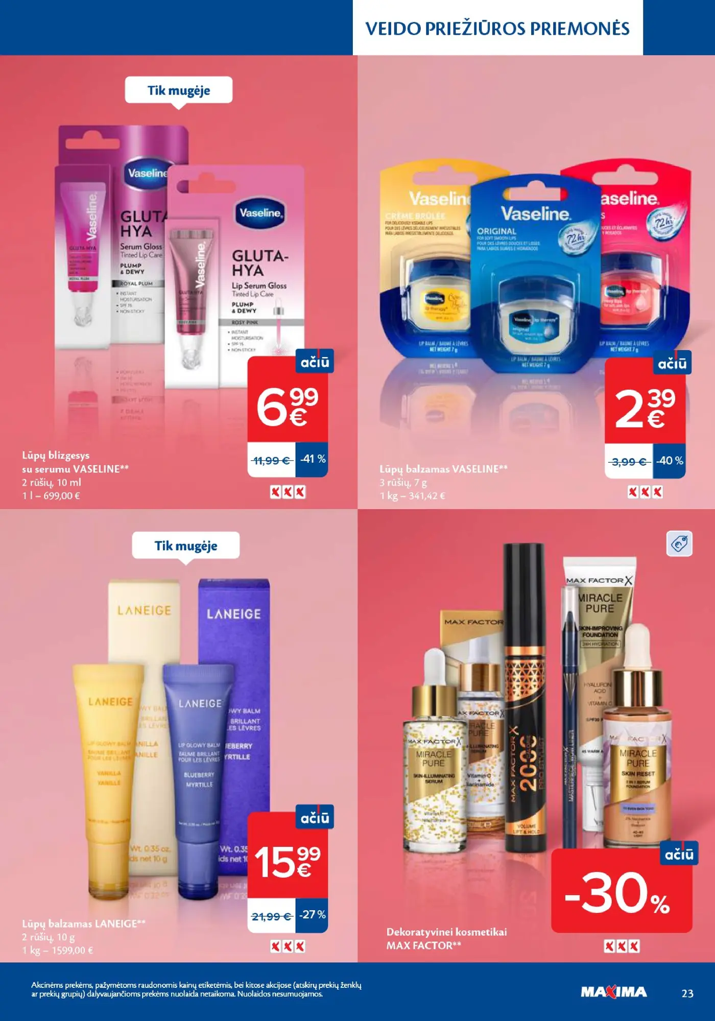 Naujas Maxima nuolaidų leidinys - Grožio mugė – 23 puslapis: Lūpų blizgesys su serumu VASELINE, 10 ml, Lūpų balzamas VASELINE, 7 g, Lūpų balzamas LANEIGE, 10 g