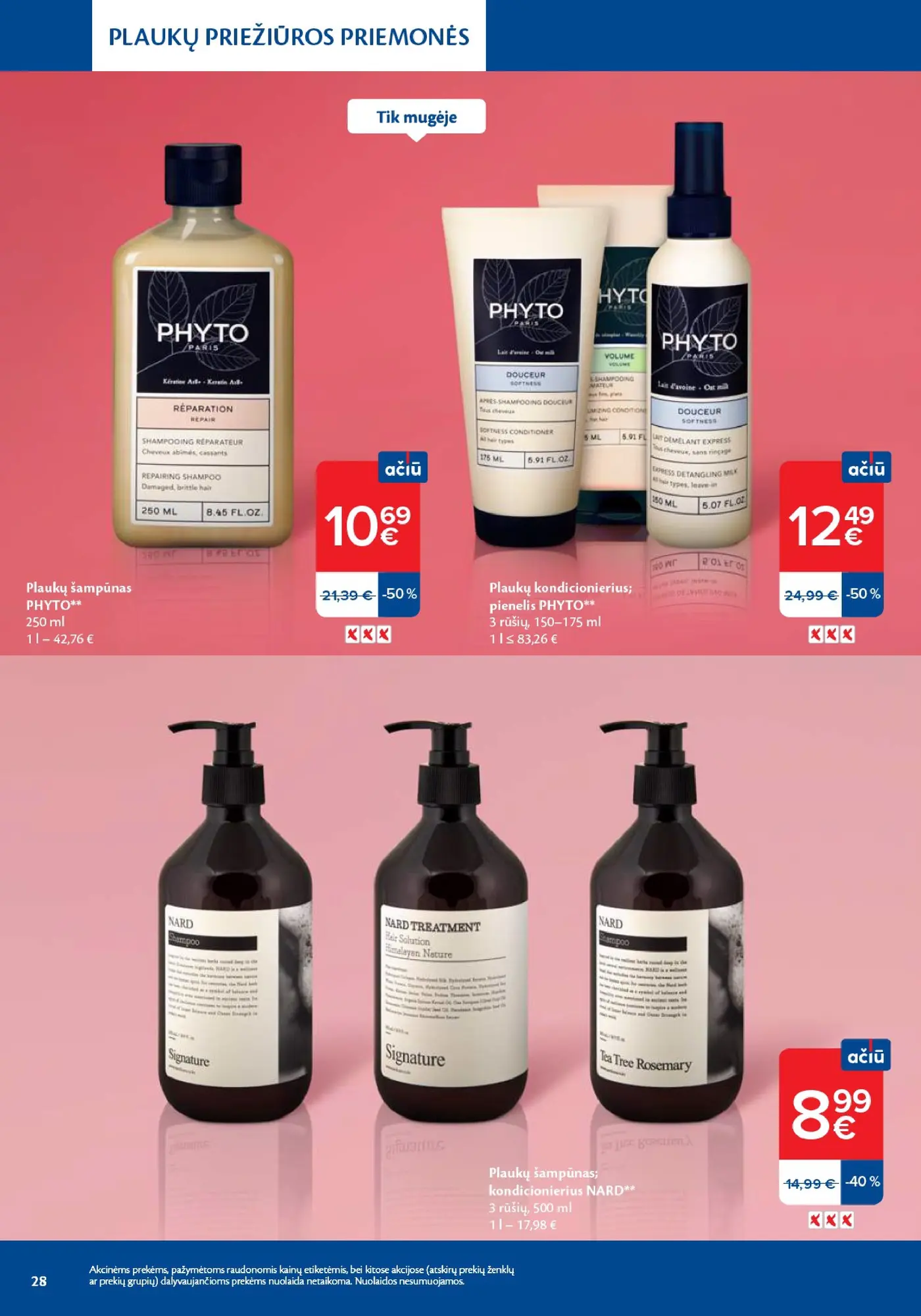 Naujas Maxima nuolaidų leidinys - Grožio mugė – 28 puslapis: Plaukų šampūnas PHYTO, 250 ml, Plaukų kondicionierius; pienelis PHYTO, 175 ml, Plaukų šampūnas; kondicionierius NARD, 500 ml