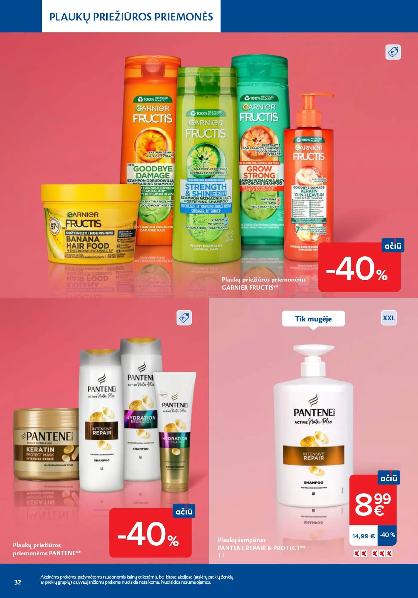 Naujas Maxima nuolaidų leidinys - Grožio mugė – 32 puslapis: Plaukų priežiūros priemonėms GARNIER FRUCTIS, Plaukų priežiūros priemonėms PANTENE, Plaukų šampūnas PANTENE REPAIR & PROTECT, 1 l