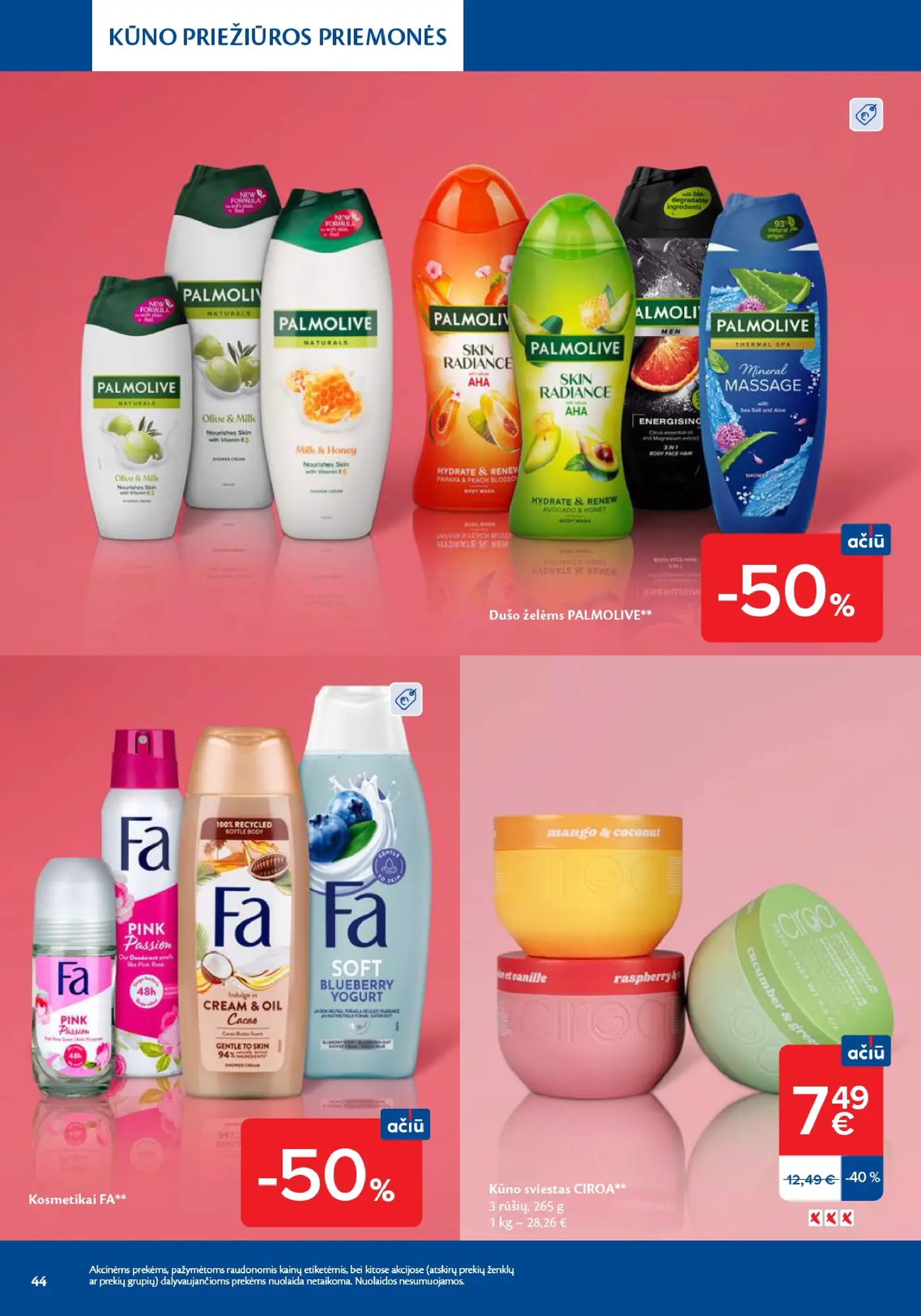 Naujas Maxima nuolaidų leidinys - Grožio mugė – 44 puslapis: Dušo želėms PALMOLIVE, Kosmetikai FA, Kūno sviestas CIROA, 265 g