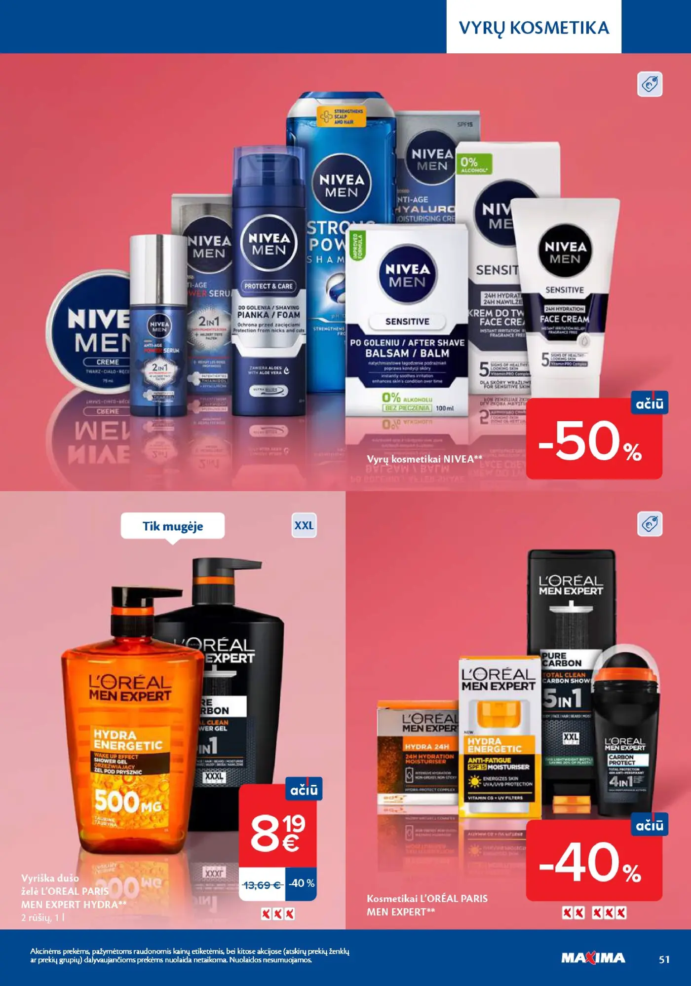 Naujas Maxima nuolaidų leidinys - Grožio mugė – 51 puslapis: Vyrų kosmetikai NIVEA, Vyriška dušo želė L'OREAL PARIS MEN EXPERT HYDRA, 1 l, Kosmetikai L'ORÉAL PARIS MEN EXPERT
