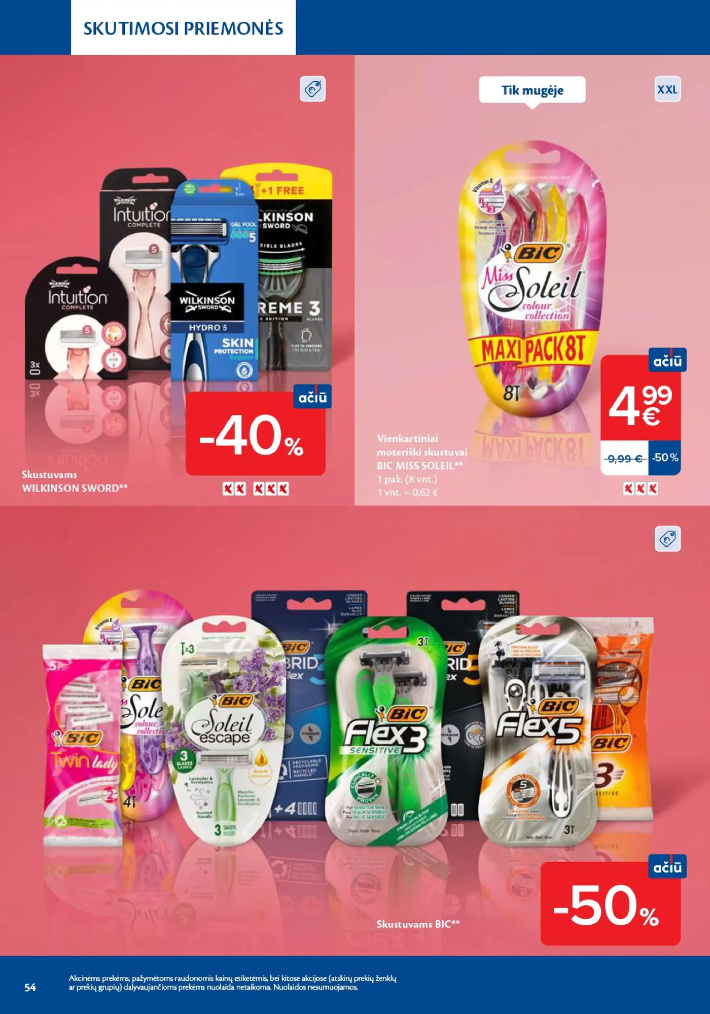 Naujas Maxima nuolaidų leidinys - Grožio mugė – 54 puslapis: Skustuvams WILKINSON SWORD, Vienkartiniai moteriški skustuvai BIC MISS SOLEIL, 1 pak., Skustuvams BIC