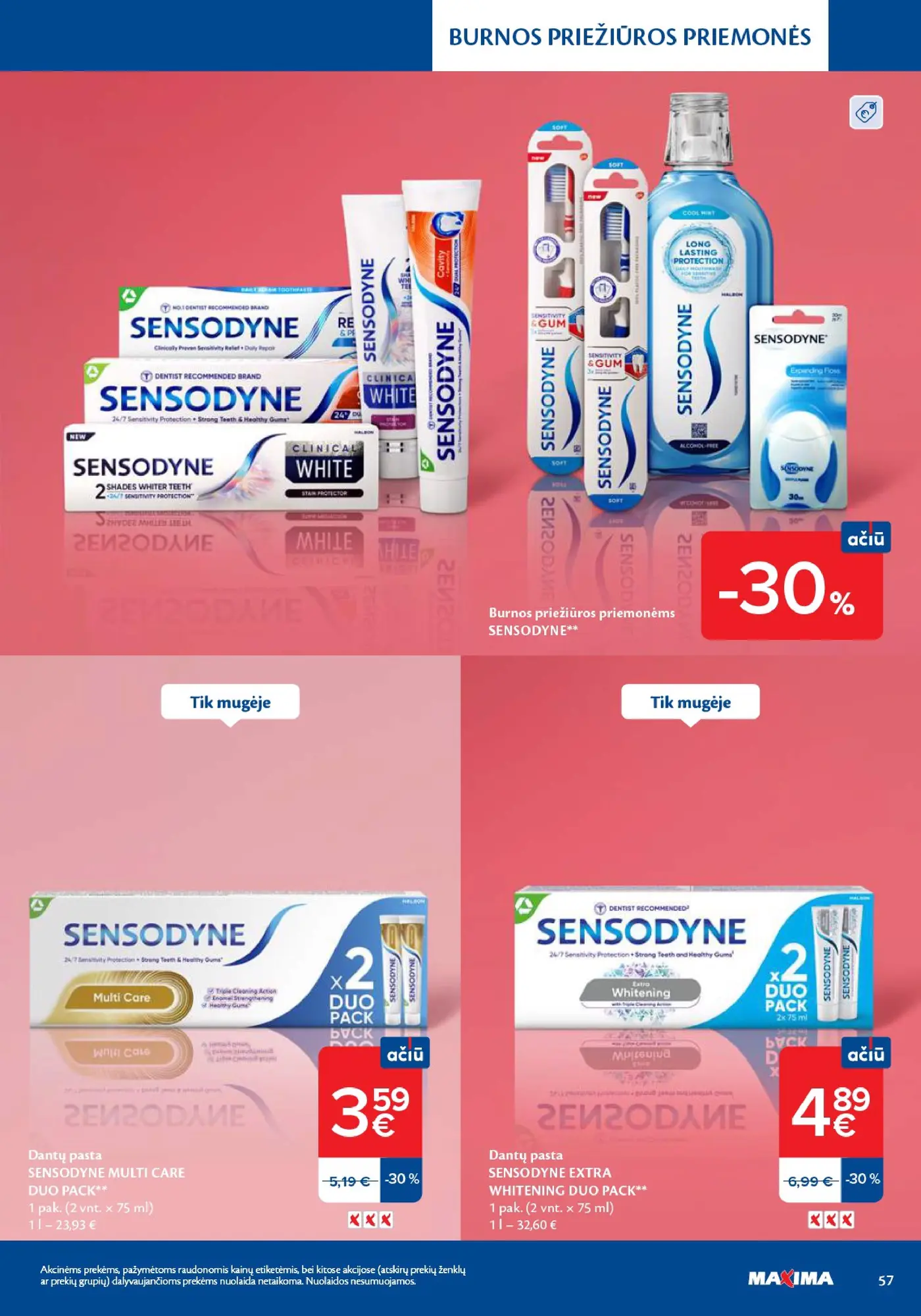 Naujas Maxima nuolaidų leidinys - Grožio mugė – 57 puslapis: Burnos priežiūros priemonėms SENSODYNE, Dantų pasta SENSODYNE MULTI CARE DUO PACK, 75 ml, Dantų pasta SENSODYNE EXTRA WHITENING DUO PACK, 75 ml