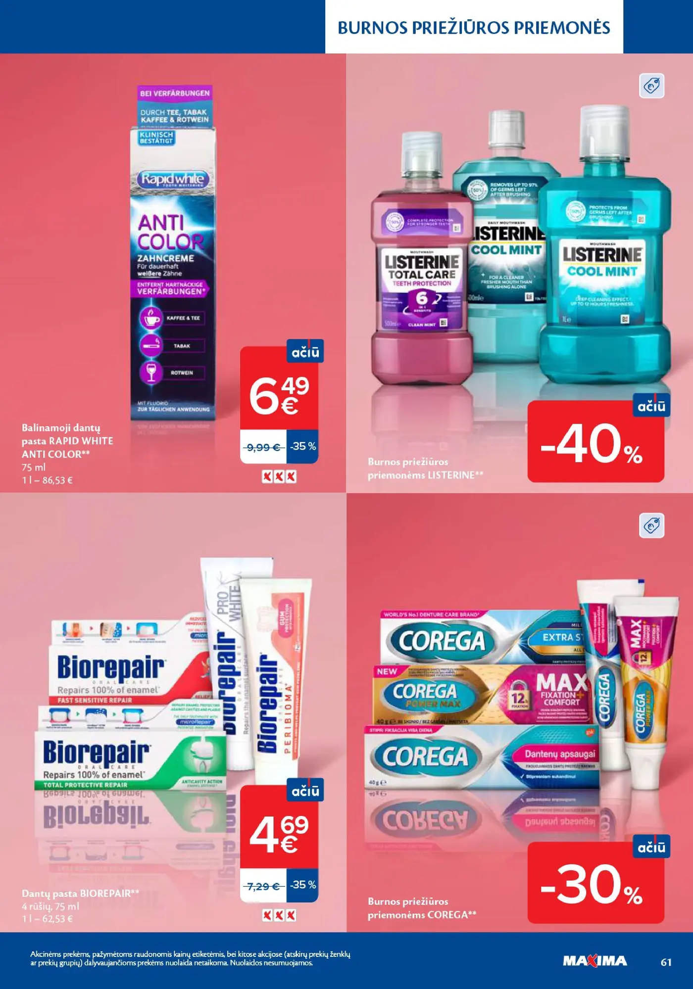 Naujas Maxima nuolaidų leidinys - Grožio mugė – 61 puslapis: Dantų pasta BIOREPAIR, 75 ml, Burnos priežiūros priemonėms LISTERINE, Burnos priežiūros priemonėms COREGA