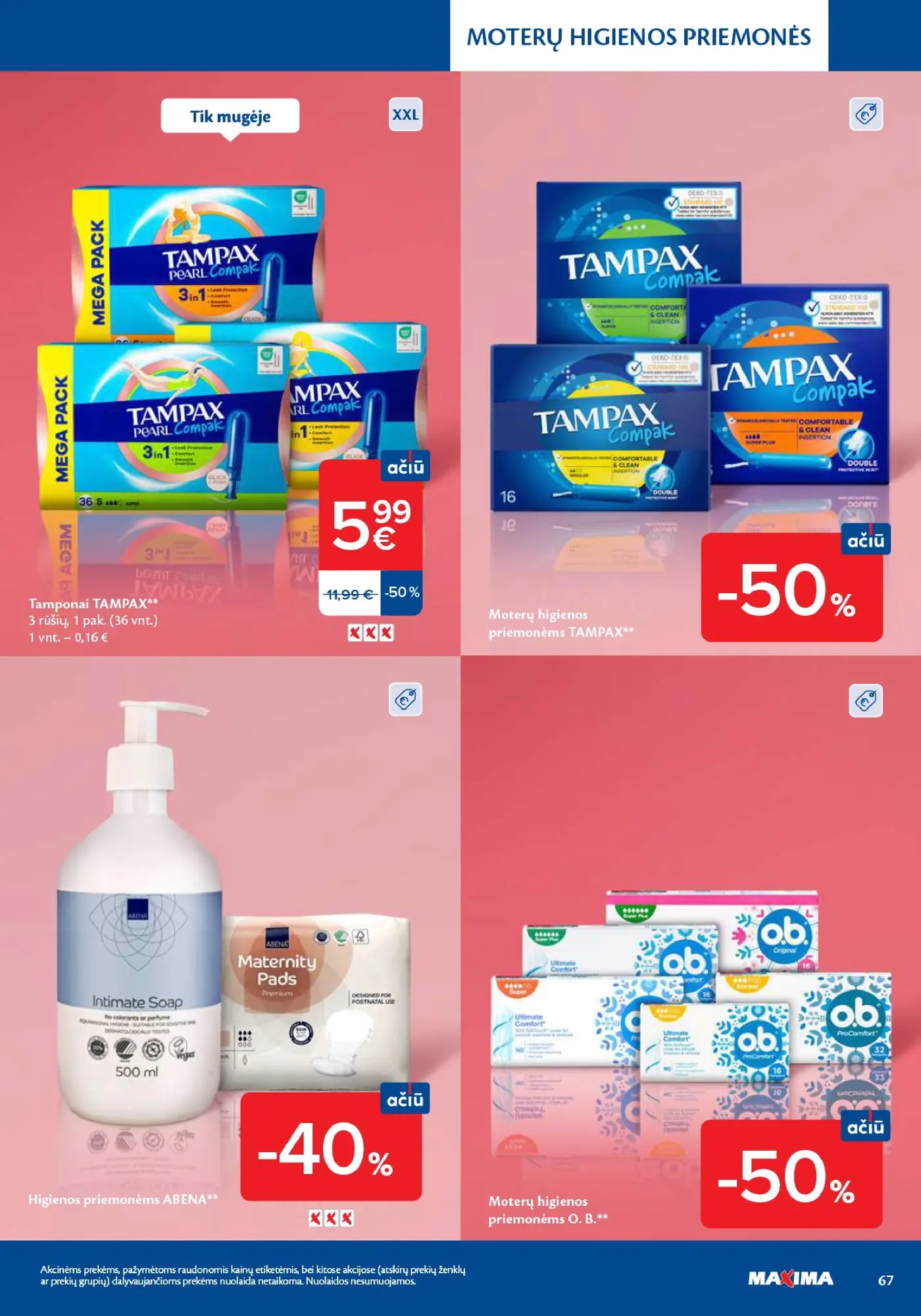 Naujas Maxima nuolaidų leidinys - Grožio mugė – 67 puslapis: Tamponai TAMPAX, 1 pak., Moterų higienos priemonėms TAMPAX, Higienos priemonėms ABENA